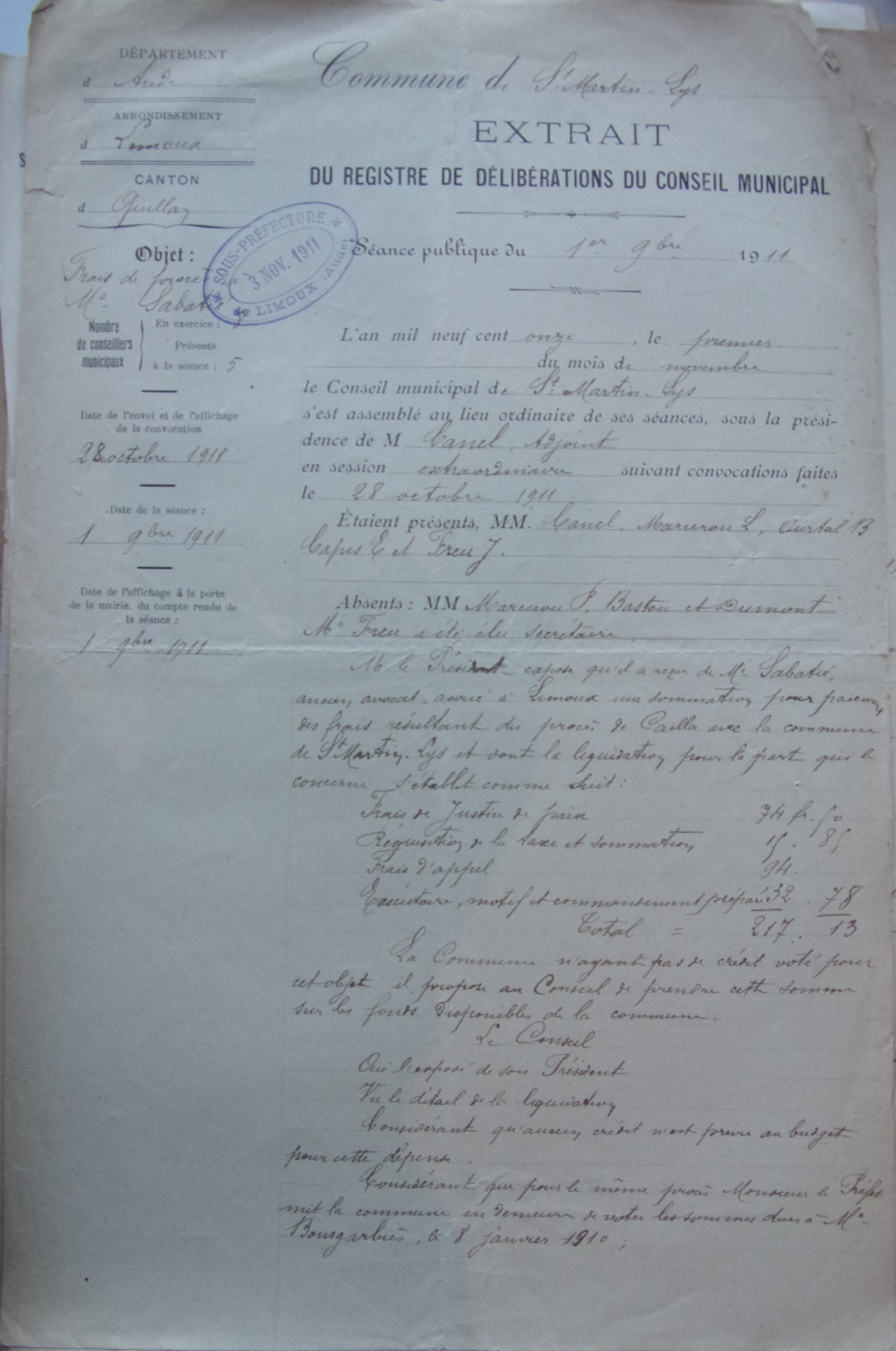 01 novembre 1911 - Délibération du conseil municipal - Paiement des frais de procès à l'avoué Sabatié p1