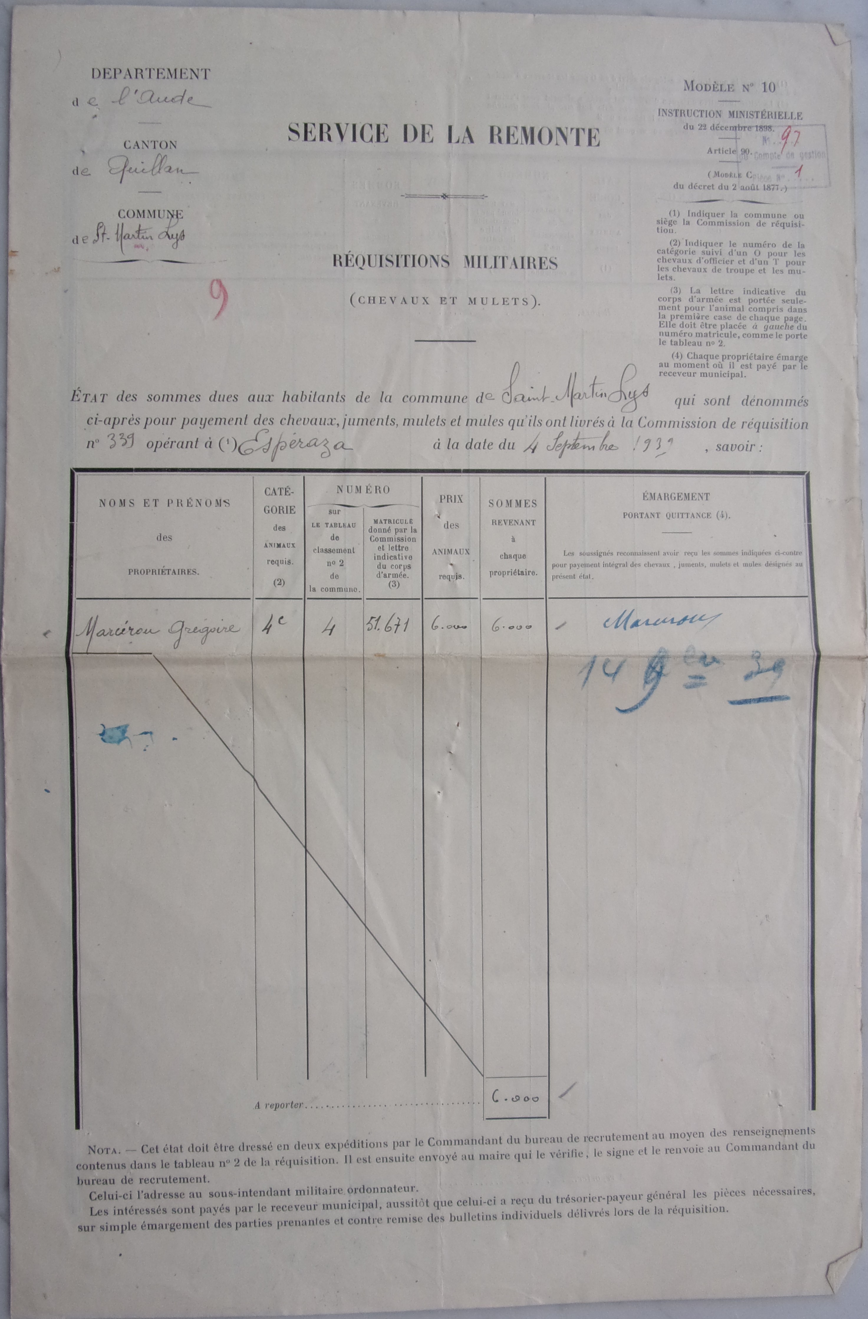 04 septembre 1939 - Service de remonte - réquisitions militaires - Sommes dues à Grégoire Marcérou p1