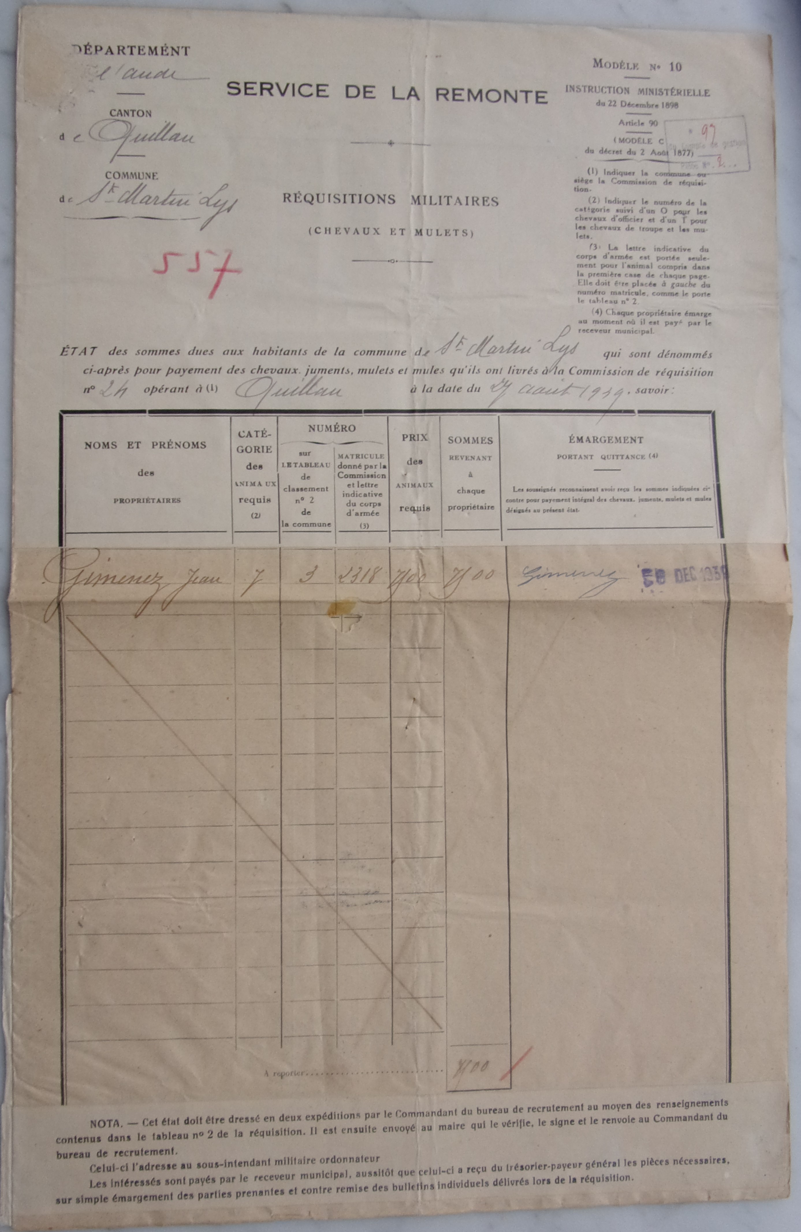 04 septembre 1939 - Service de remonte - réquisitions militaires - Sommes dues à Jean Gimenez p1