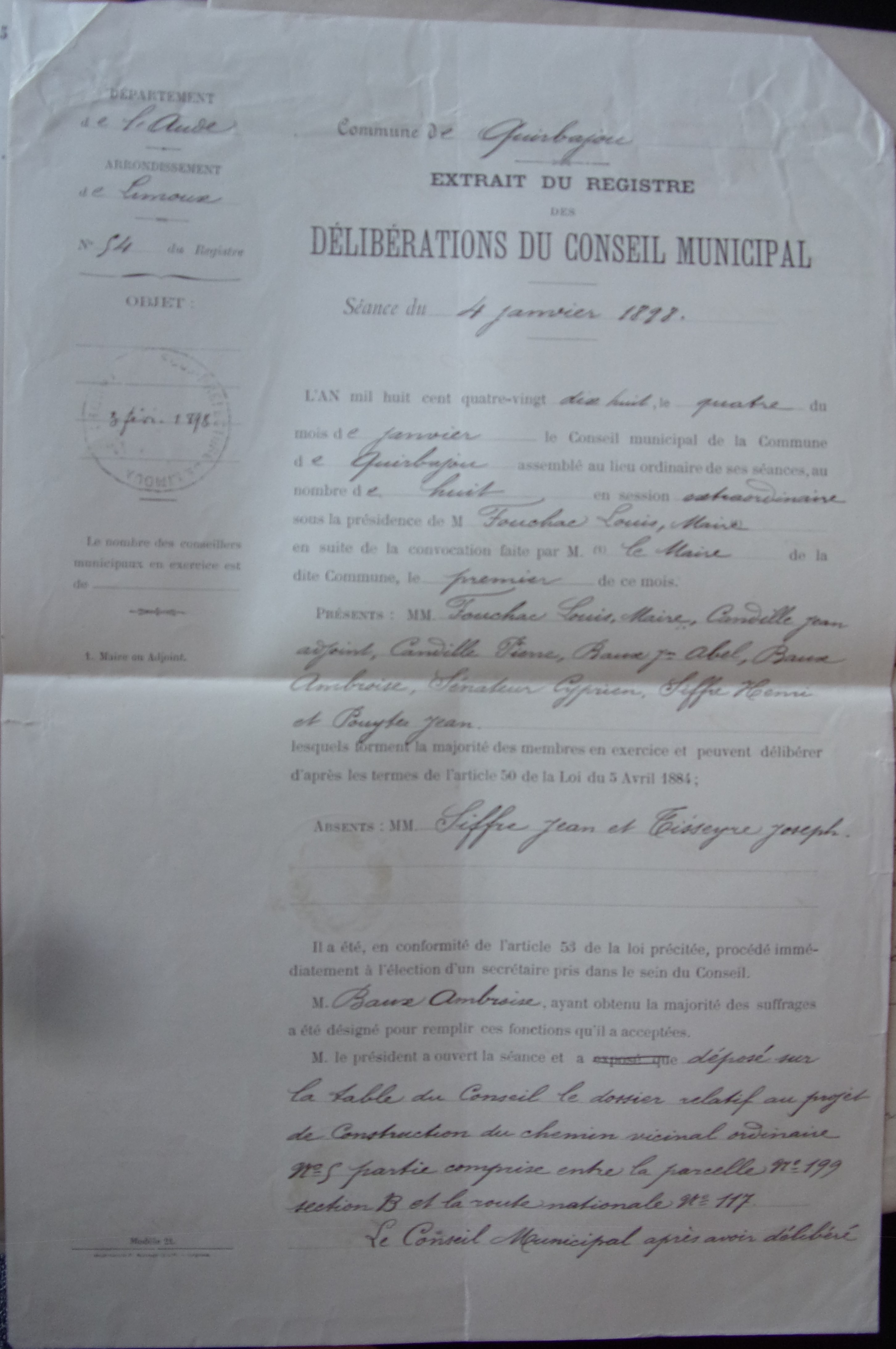18980104 Délibération conseil municipal de Quirbajou  Chemin vicinal 5 Quirbajou Axat P1 100_9455