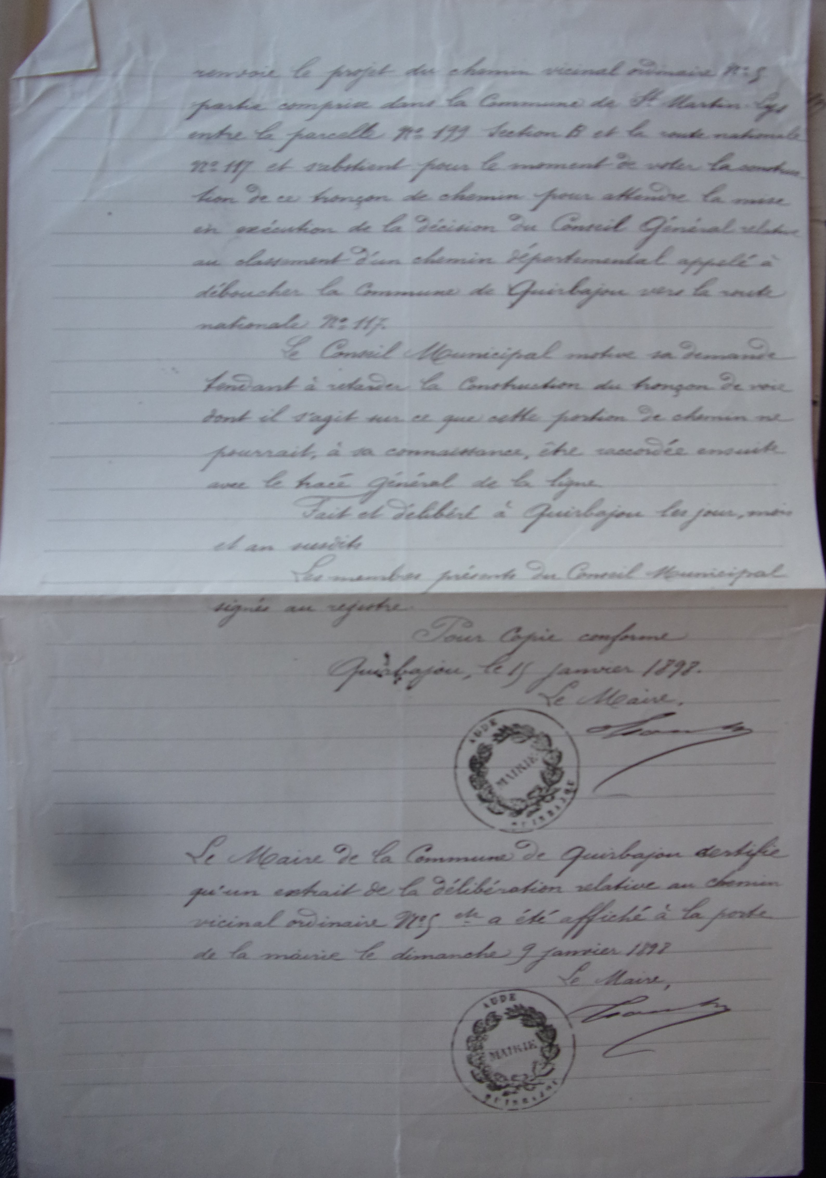 18980104 Délibération conseil municipal de Quirbajou  Chemin vicinal 5 Quirbajou Axat P2 100_9456