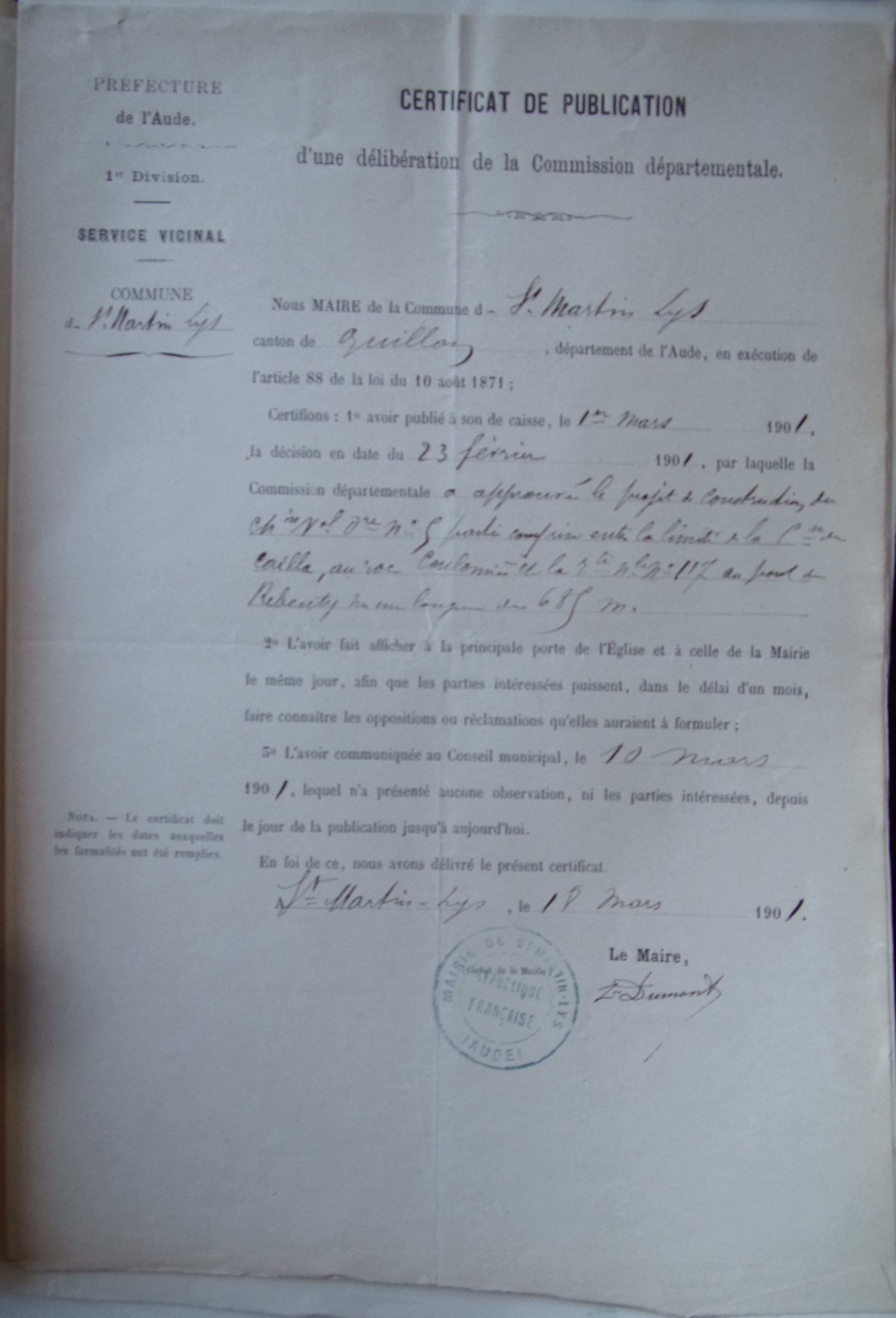 19010318 Certificat de publication Chemin vicinal 5 Quirbajou Axat p1 100_9445