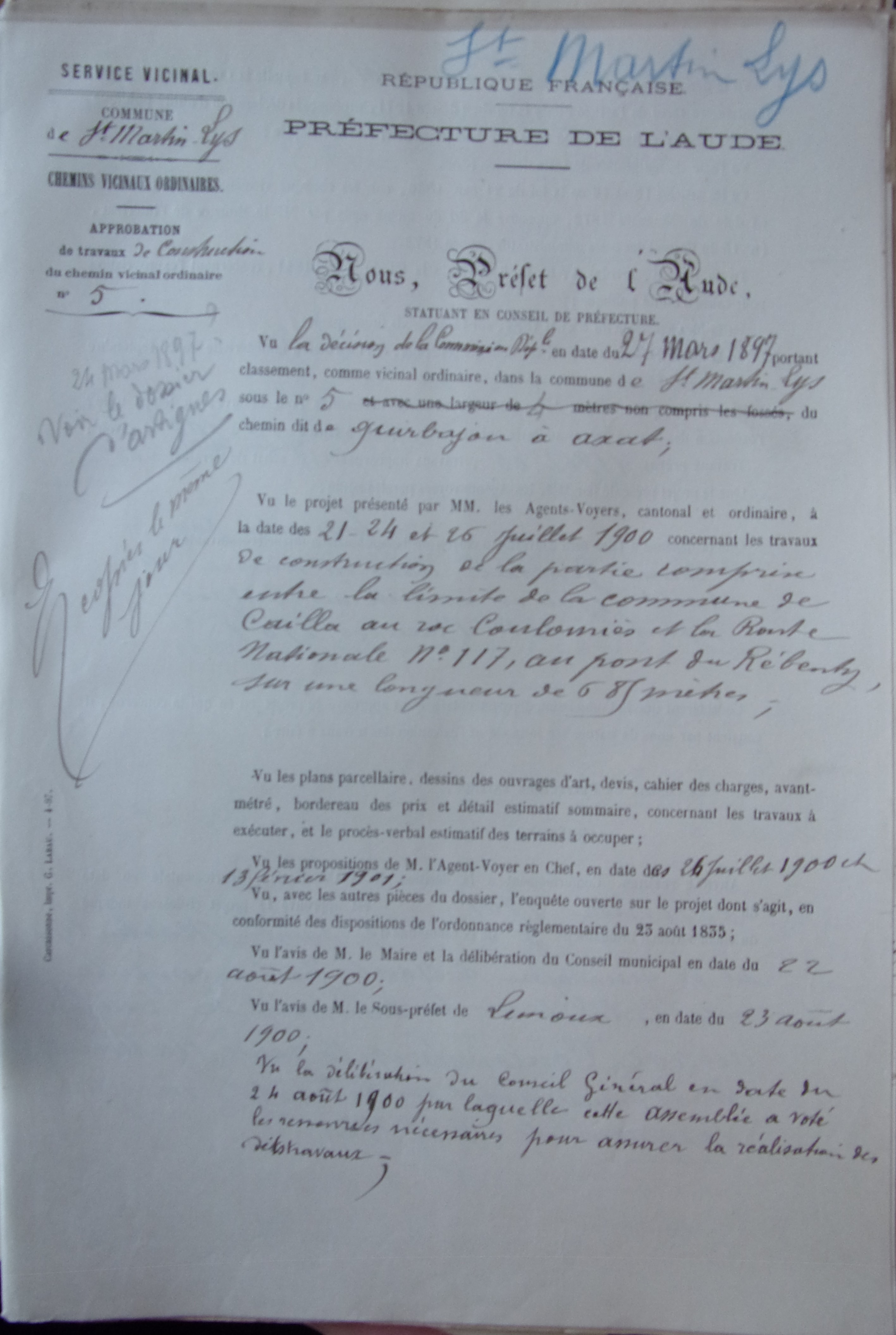 19010329 Avis préfet  Chemin vicinal 5 Quirbajou Axat p1 100_9429