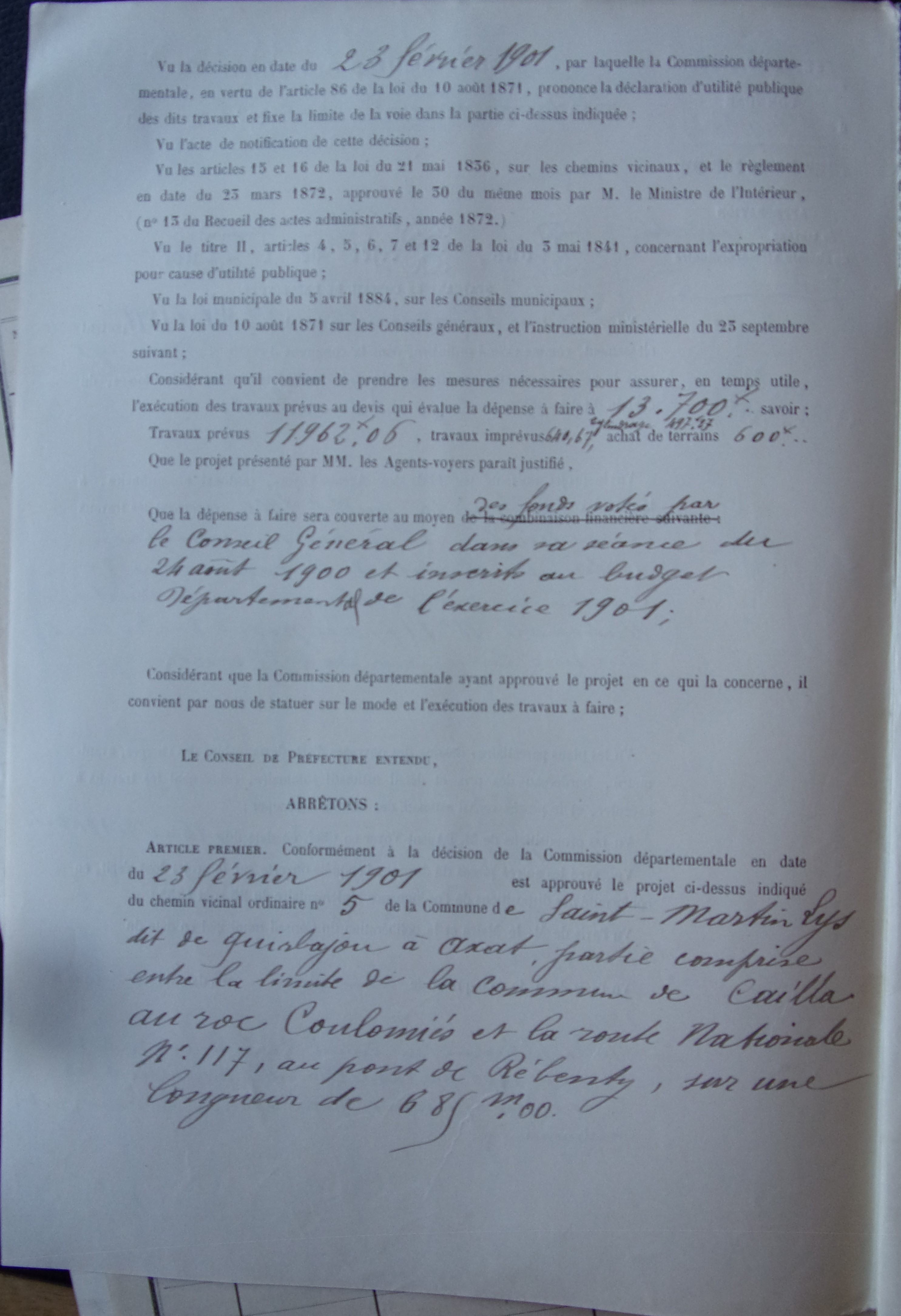 19010329 Avis préfet  Chemin vicinal 5 Quirbajou Axat p2 100_9430