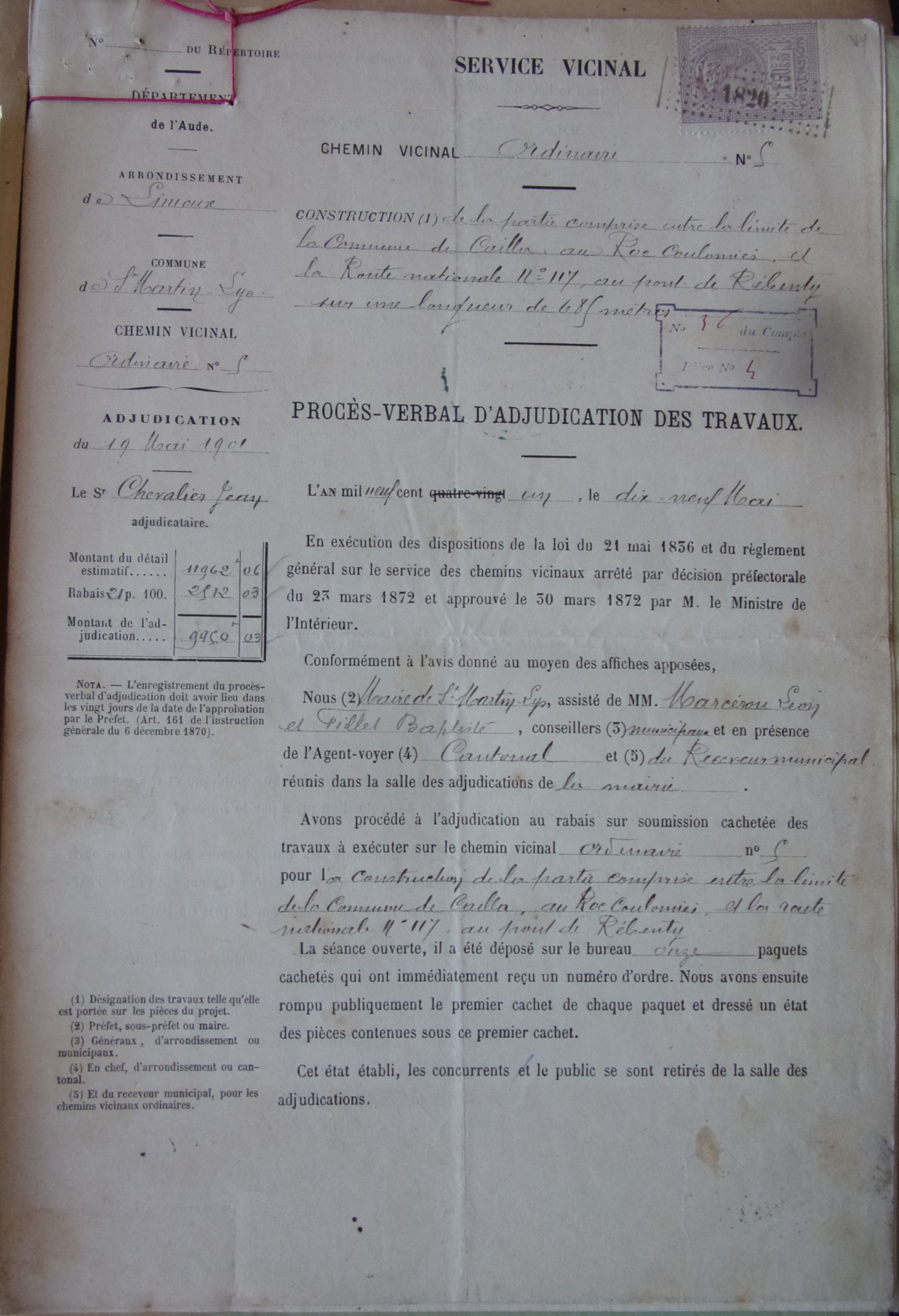 19010519 procès verbal adjudication Construction chemin vicinal 5 de quirbajou à Axat limite de Cailla Roc Coulomiés et la Route nationale 117 au pont rébenty p1 100_8909