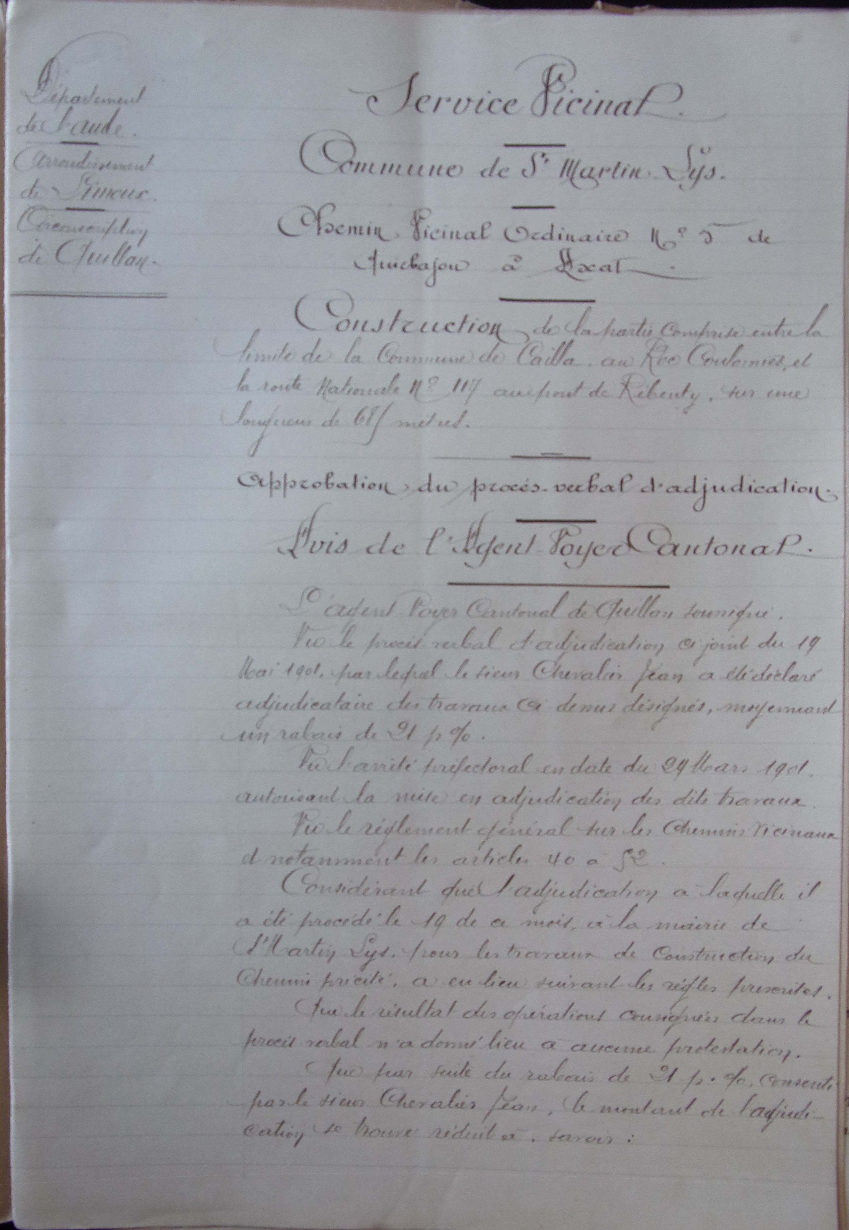 19010520 Avis de  l'agent voyer cantonal Chemin vicinal 5 Quirbajou Axat p1 100_9425