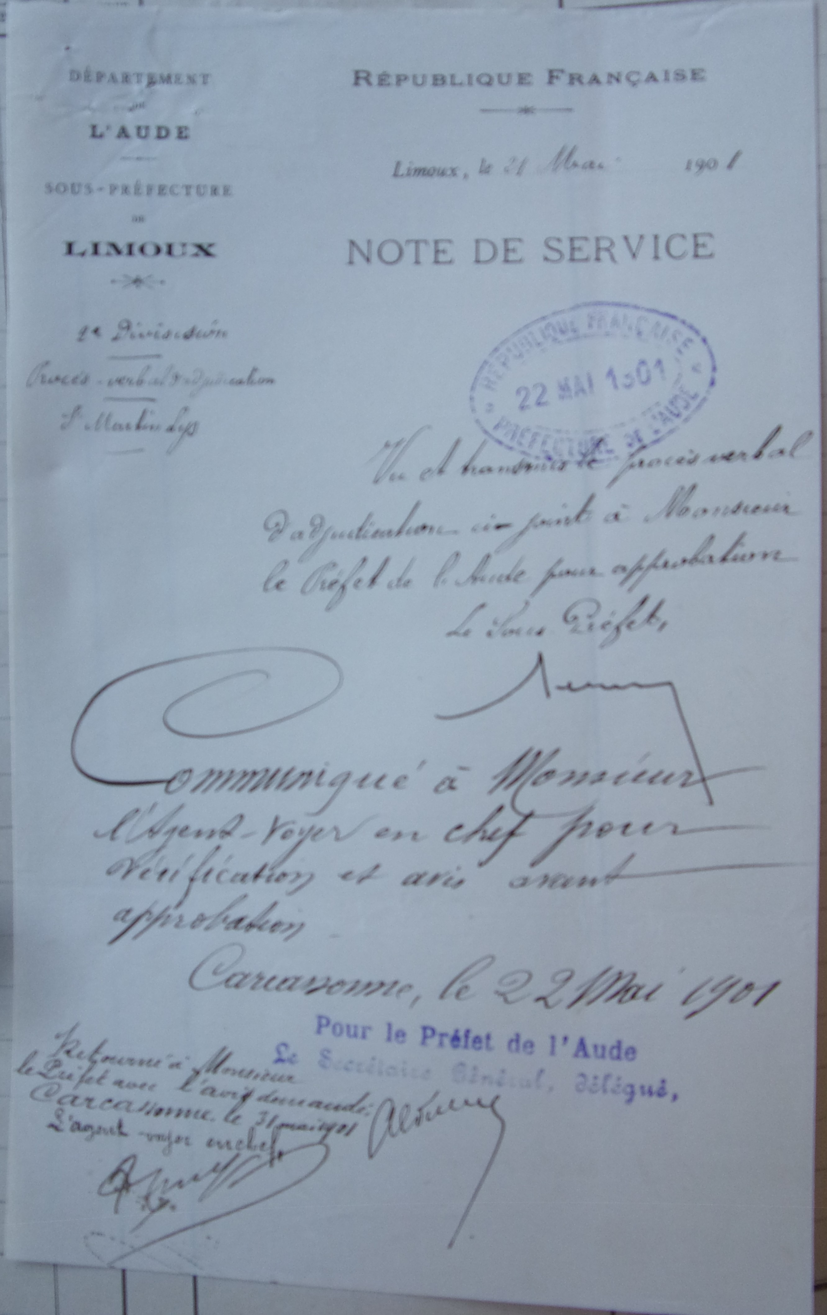 19010521 Note service sous-préfet Chemin vicinal 5 Quirbajou Axat p1 100_9427