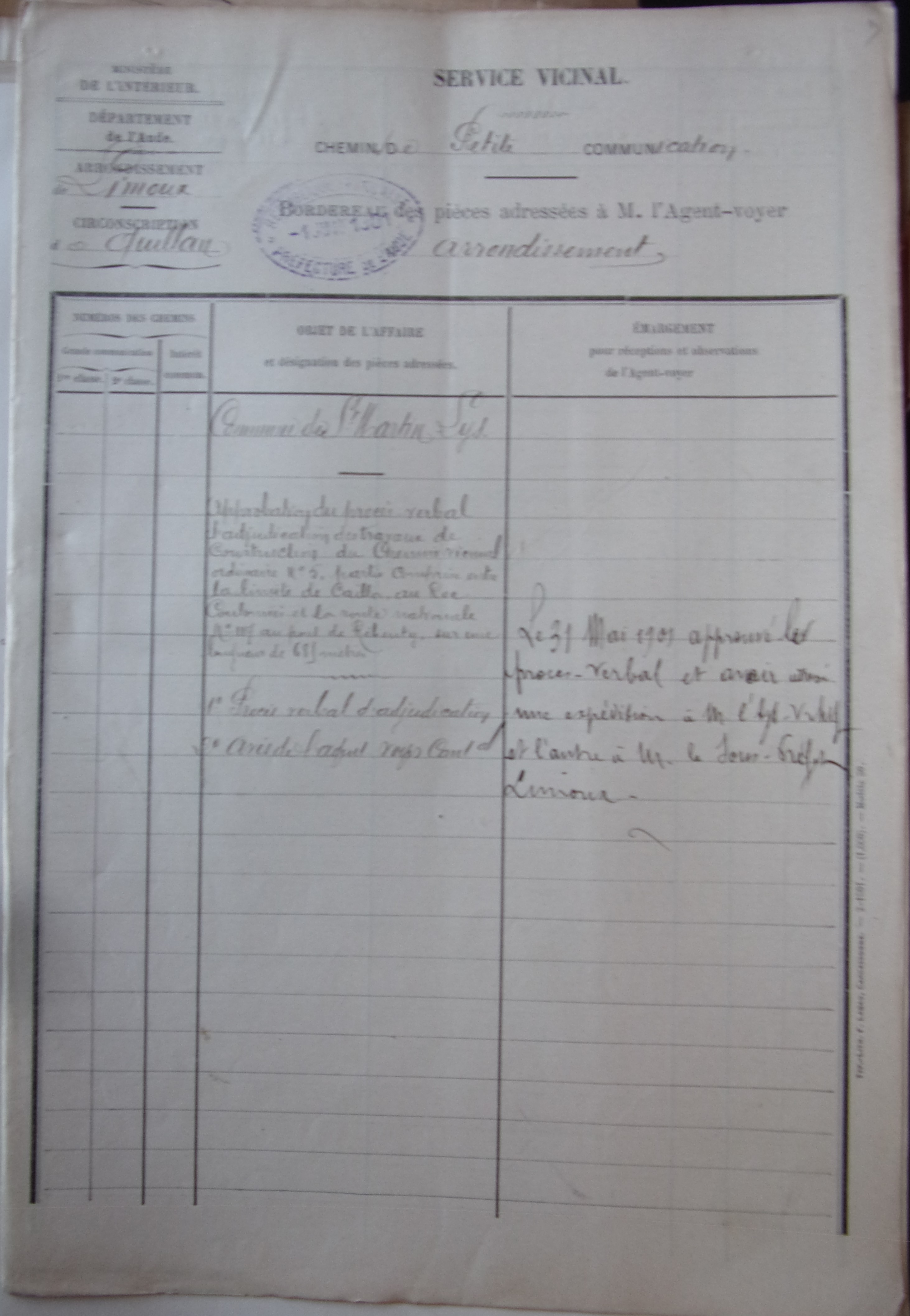 19010528 bordereau des pièces adressées à l'agent voyer Chemin vicinal 5 Quirbajou Axat p1 100_9424