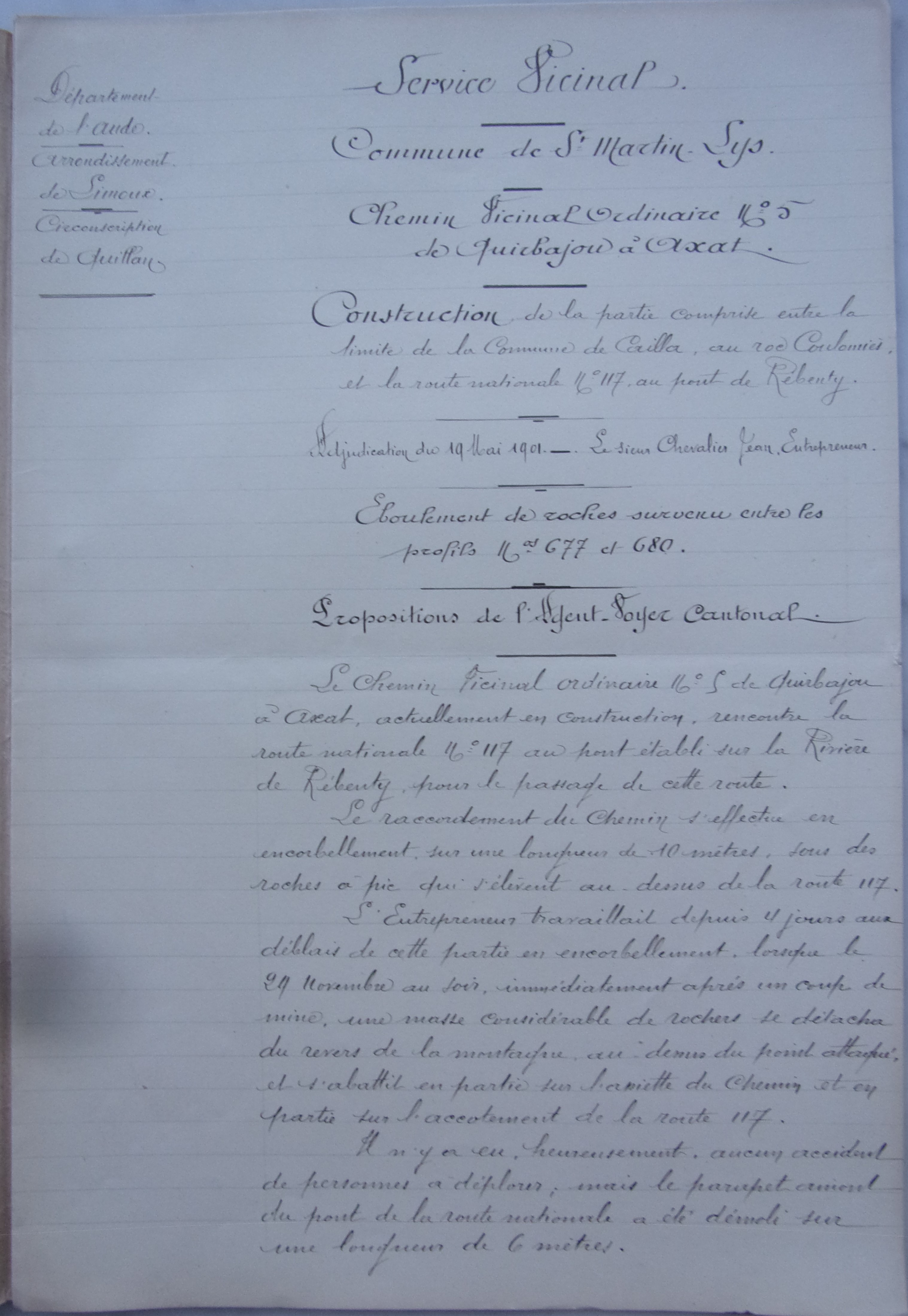 19011202  Propositions de l'agent voyer cantonal  Chemin vicinal 5 Quirbajou Axat p1 100_9413