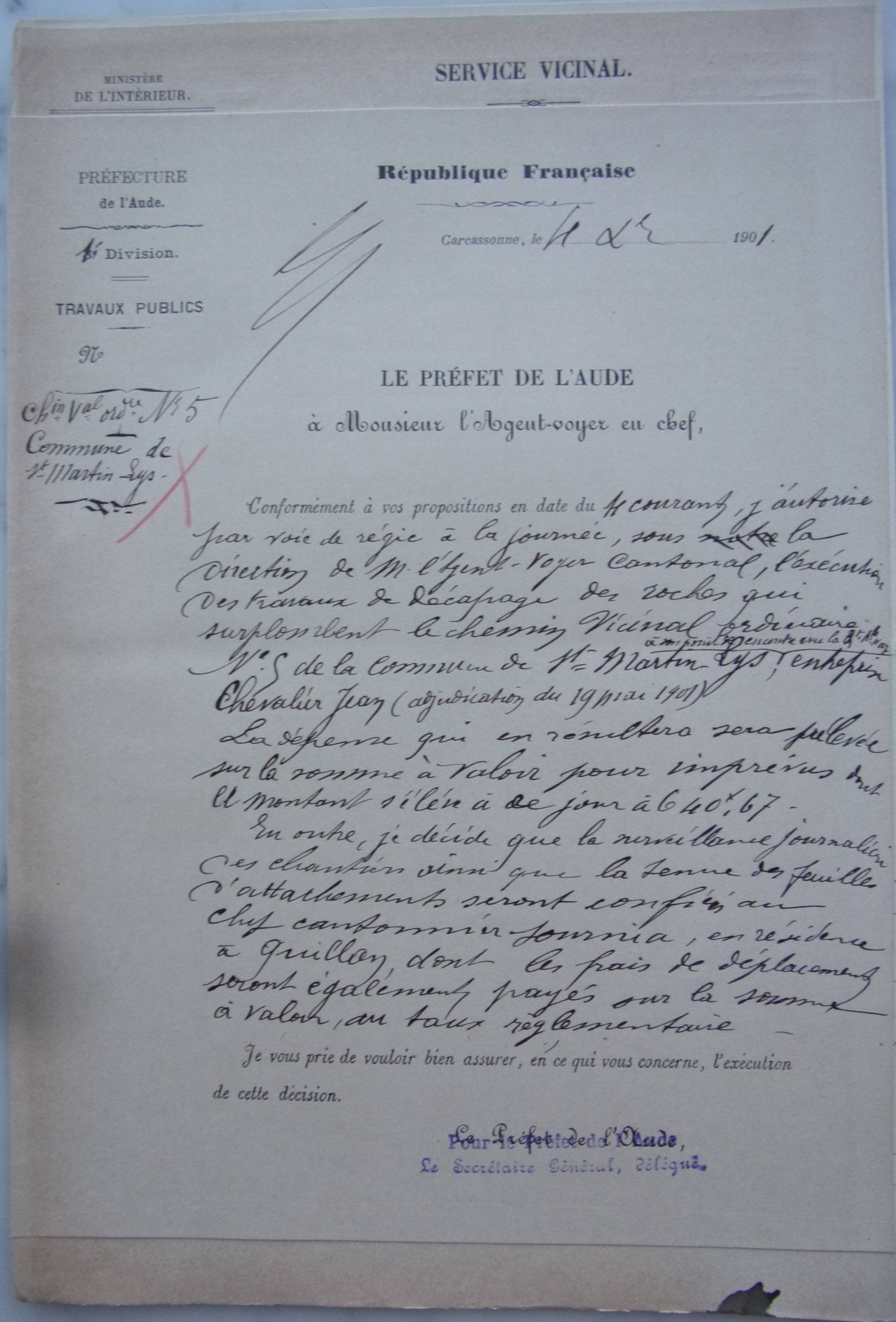 19011204 Préfet à agent voyer en chef  Chemin vicinal 5 Quirbajou Axat p1 100_9411
