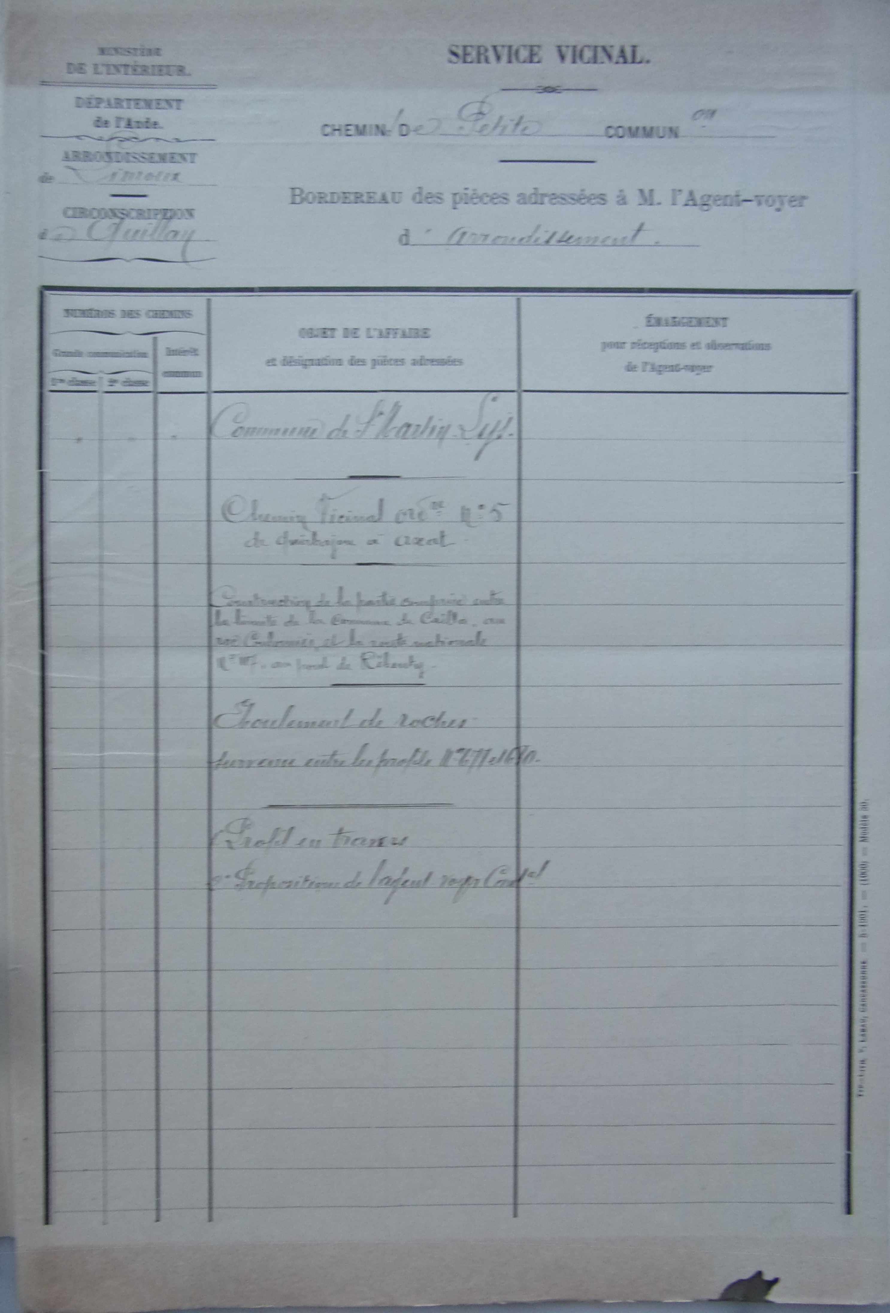 19011209 bordereau des pièces adressées à l'agent voyer Chemin vicinal 5 Quirbajou Axat p1 100_9412