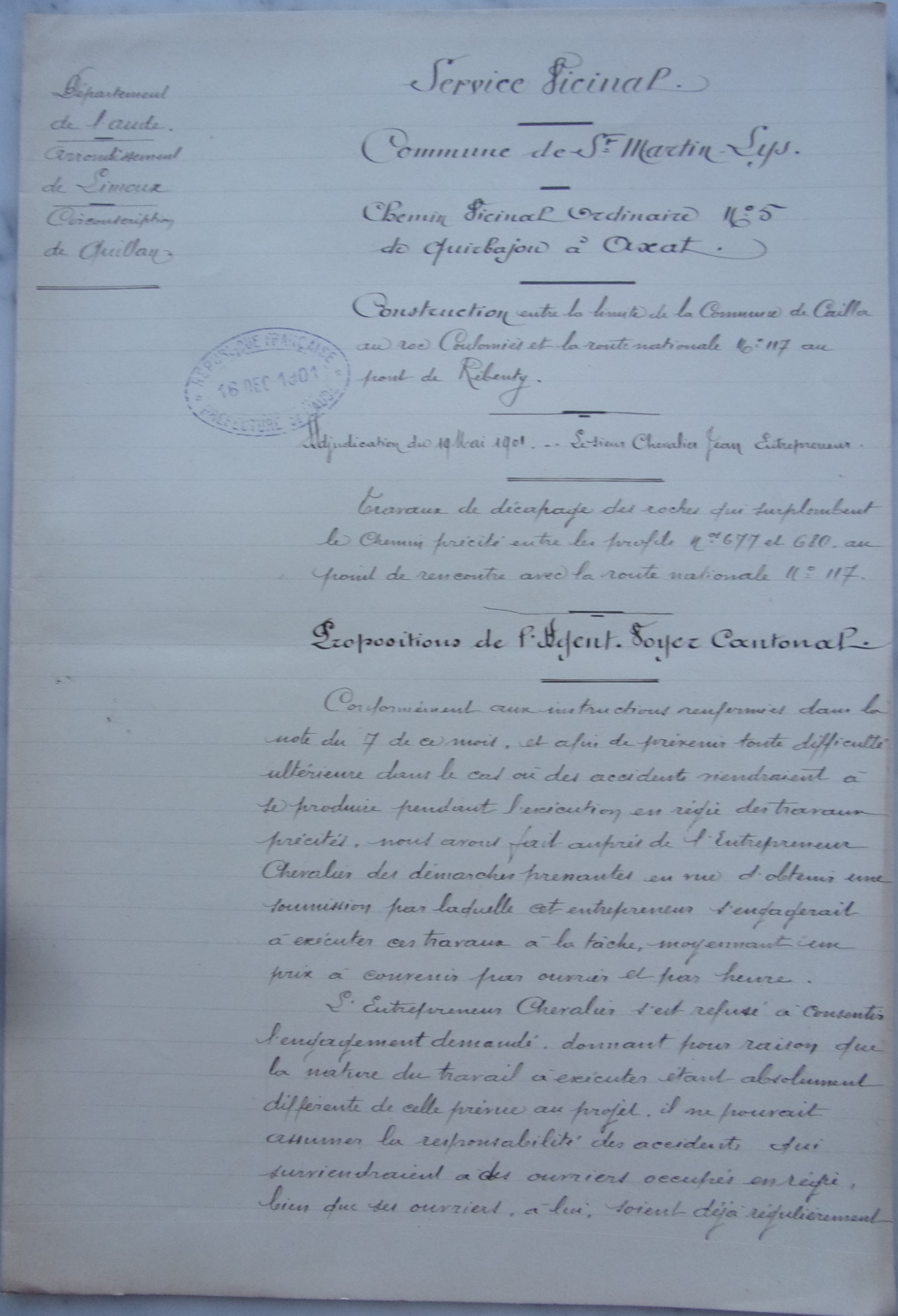 19011211  Propositions de l'agent voyer cantonal  Chemin vicinal 5 Quirbajou Axat p1 100_9409