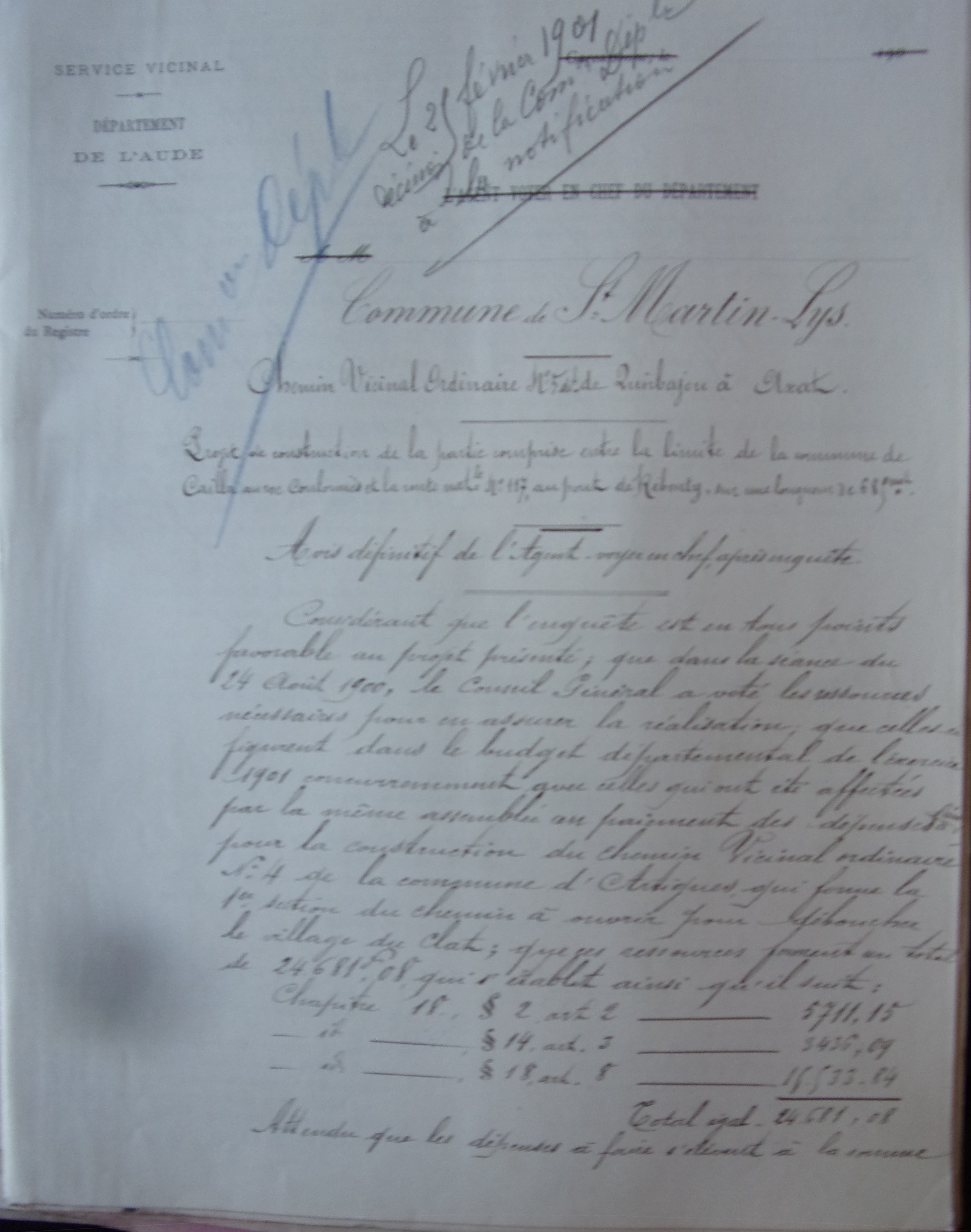 19011213 Avis définitif de l'agent voyer en chef Chemin vicinal 5 Quirbajou Axat p1 100_9433