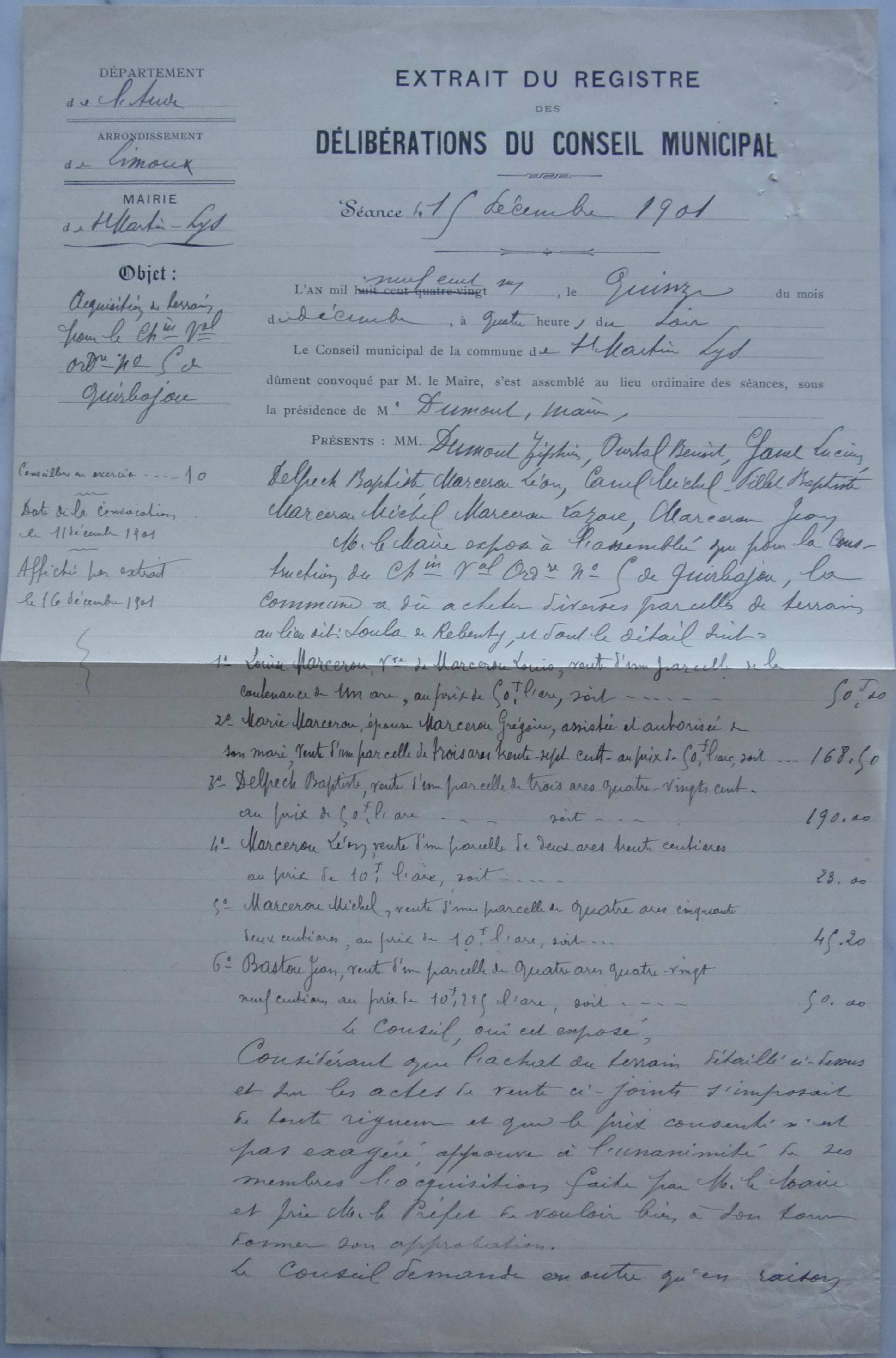 19011215 délibération conseil Acquisition de terrains Chemin vicinal 5 Quirbajou Axat p1 100_9400