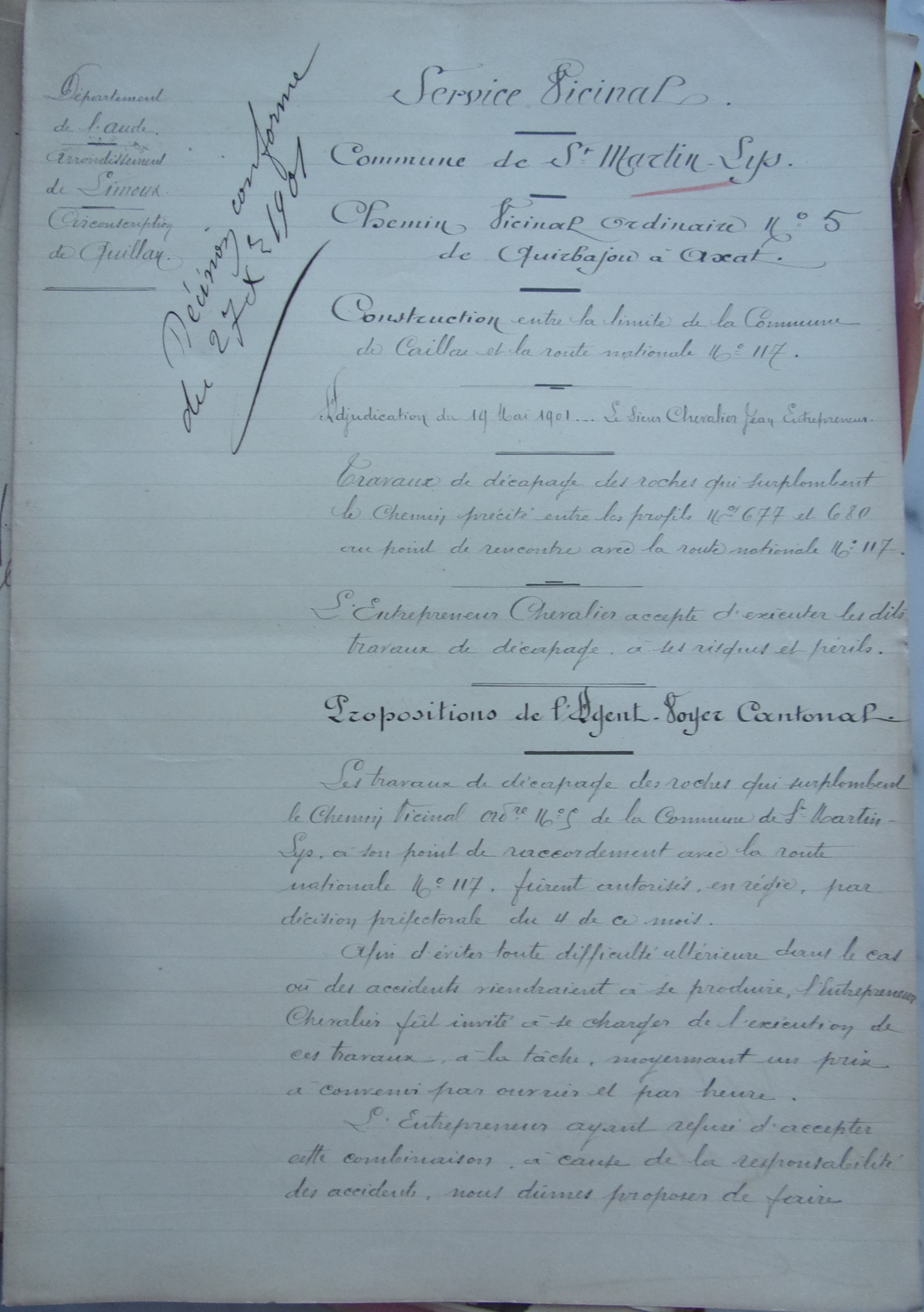 19011223  Propositions de l'agent voyer cantonal  Chemin vicinal 5 Quirbajou Axat p1 100_9405