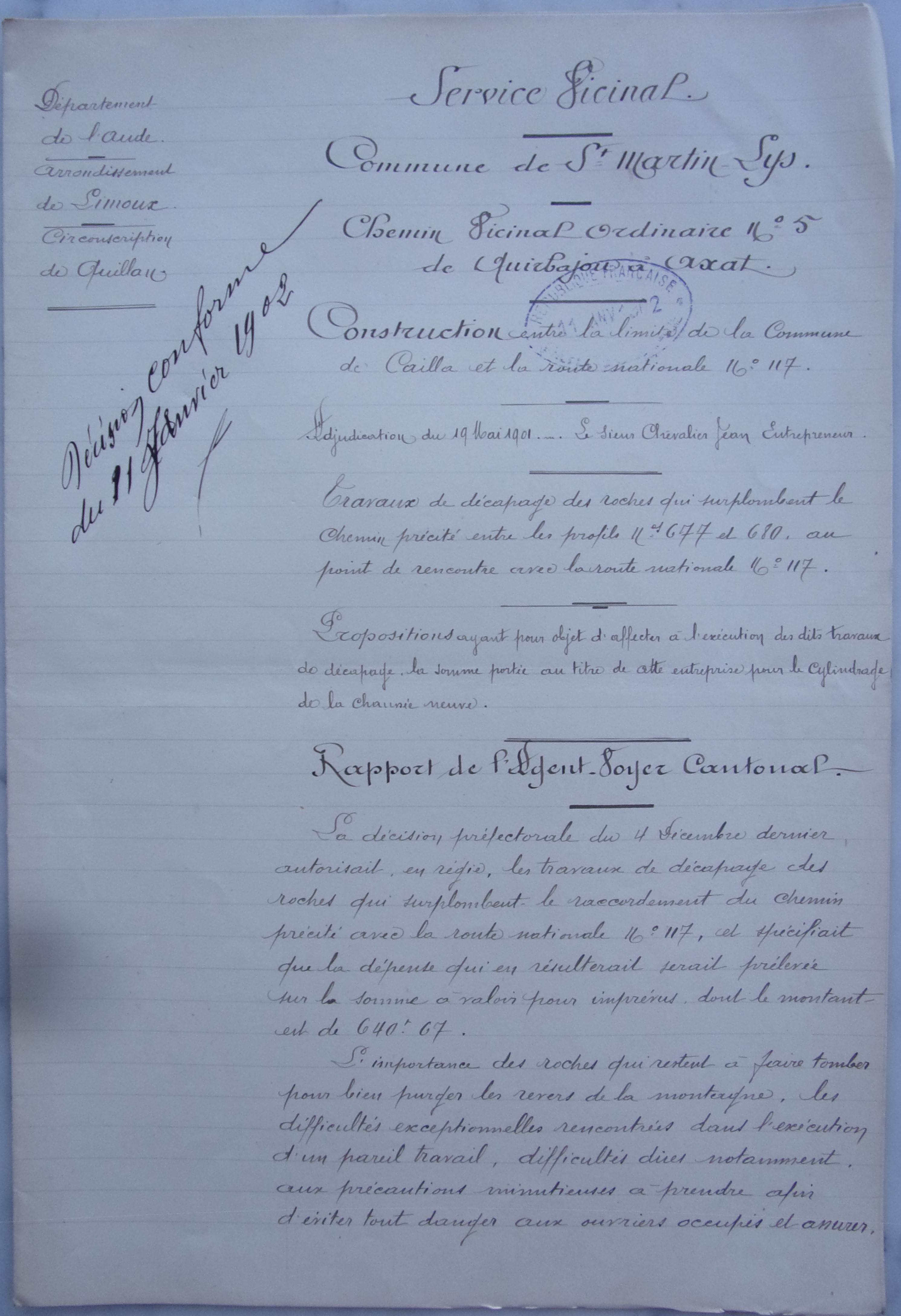 19020108 Rapport de l'agent voyer cantonal  Chemin vicinal 5 Quirbajou Axat p1 100_9402