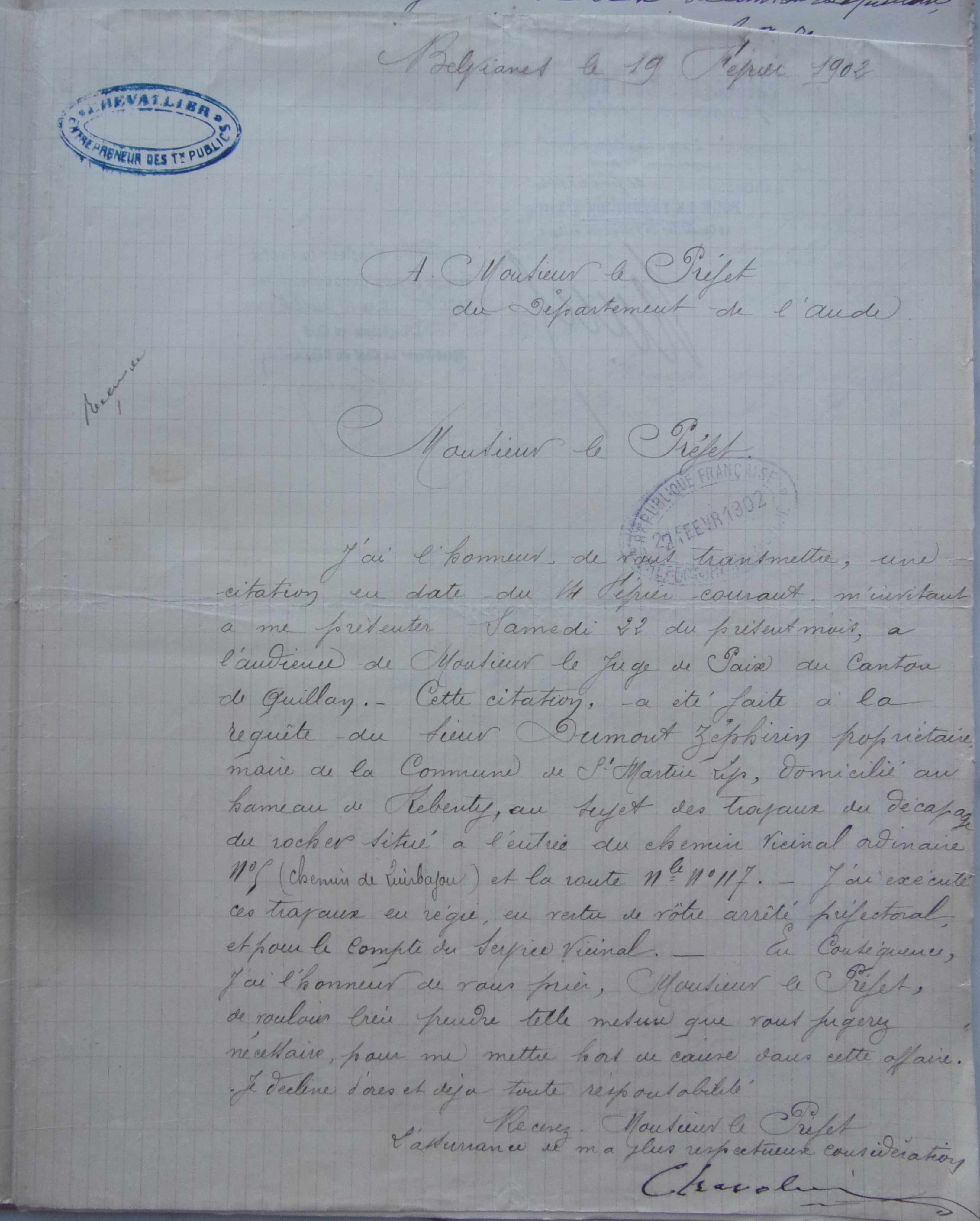 19020219 Chevalier à Préfet  Travaux chemin vicinal 5 quirbajou axat indemnisation Dumont p1 100_9367