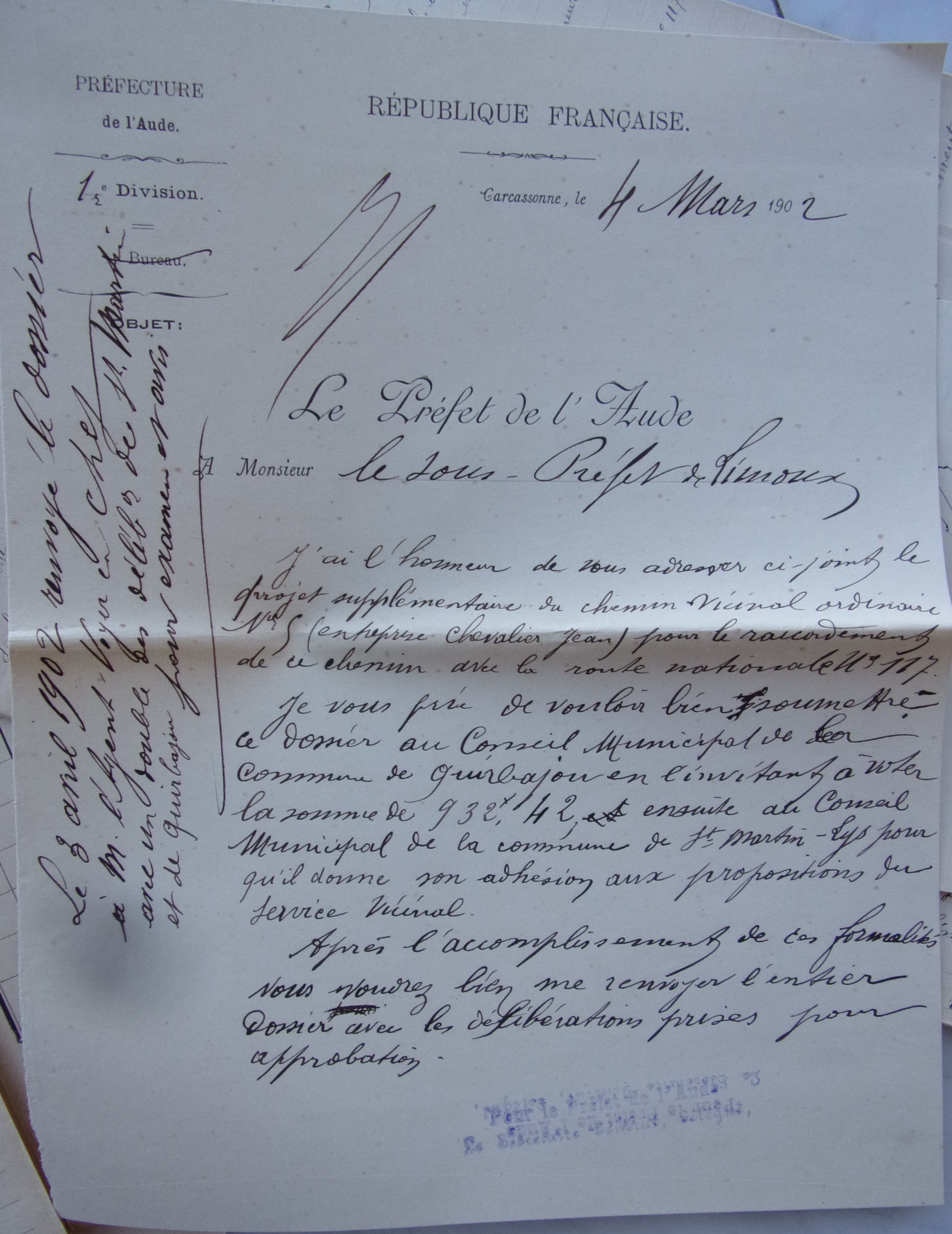 19020304 Préfet à sous-préfet Chemin vicinal 5 Quirbajou Axat p1 100_9377