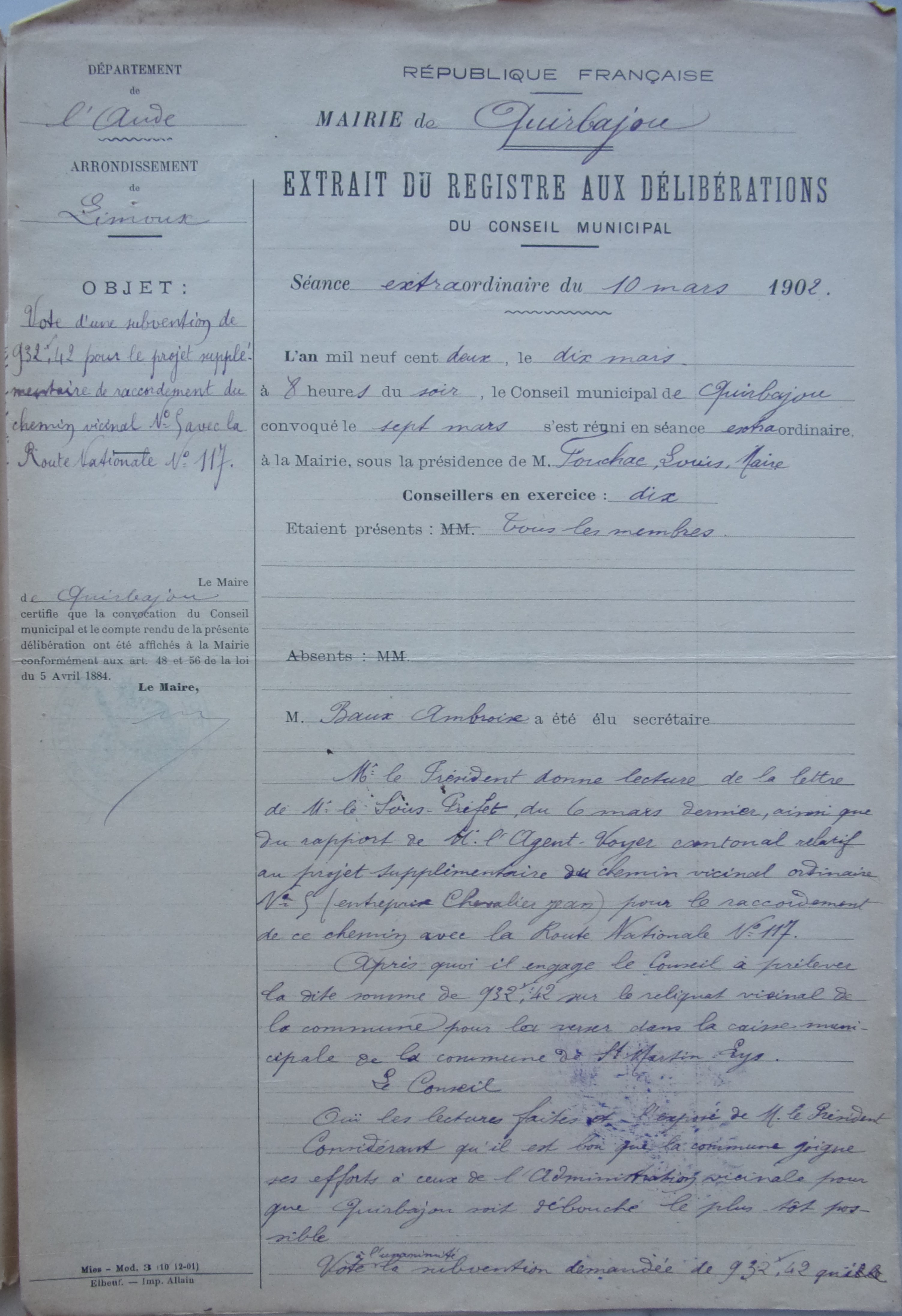 19020310 registre délibération s mairie Quirbajou Vote d'une subvention pour chemin vicinal 5 Quirbajou Axat p1 100_9375
