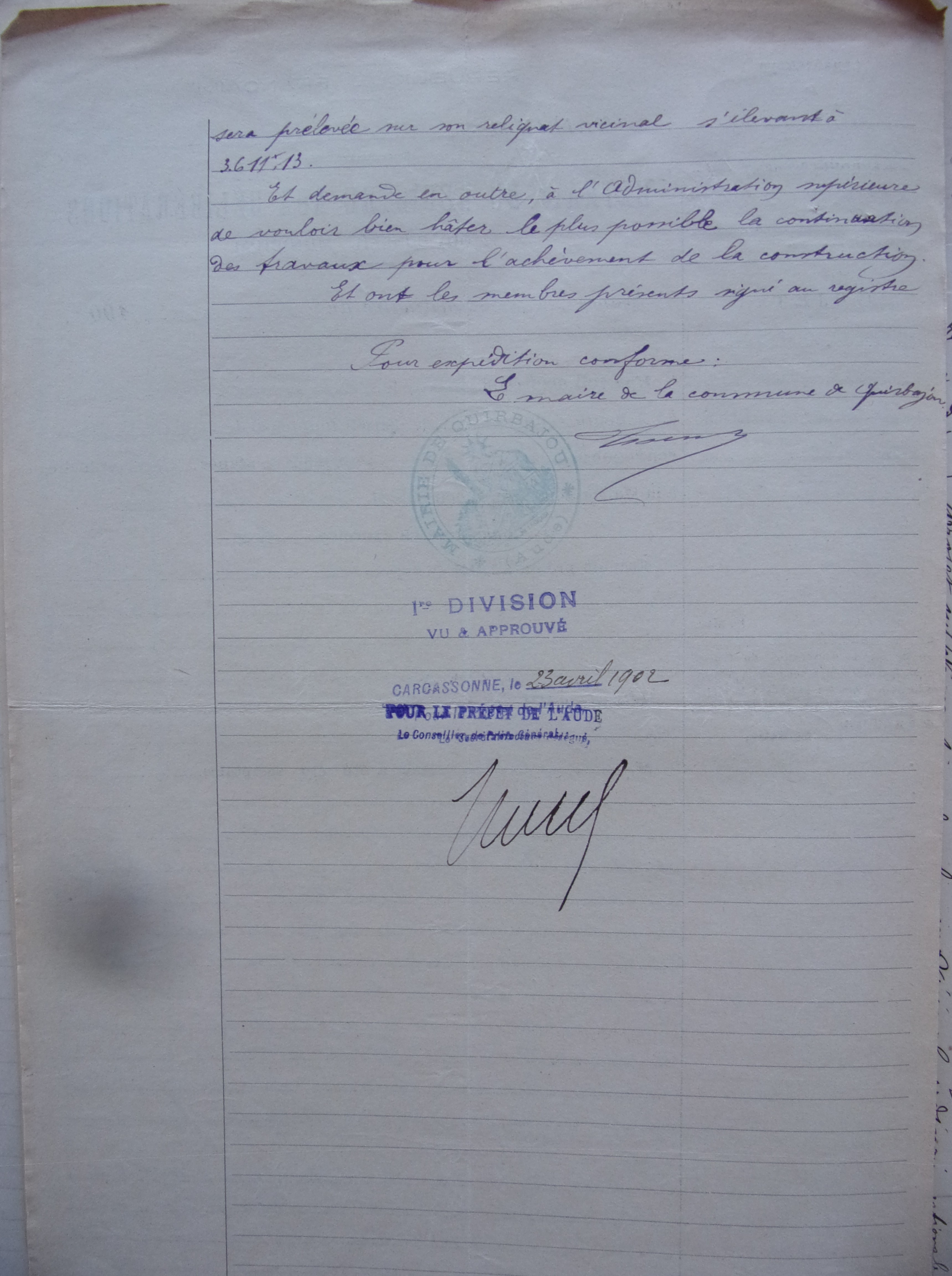 19020310 registre délibération s mairie Quirbajou Vote d'une subvention pour chemin vicinal 5 Quirbajou Axat p2 100_9376