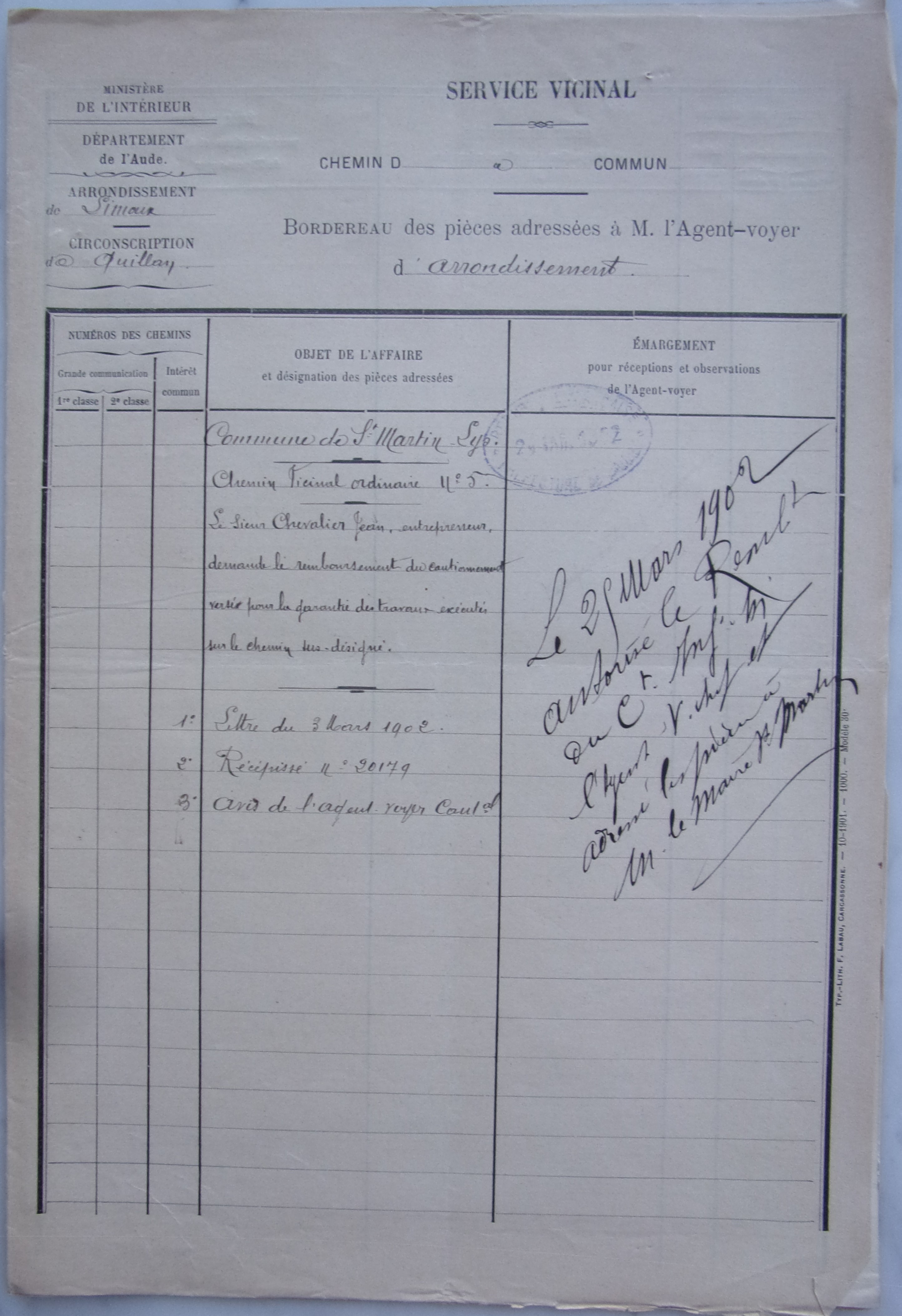 19020318 bordereau des pièces adressées à l'agent voyer Chemin vicinal 5 Quirbajou Axat p1 100_9393