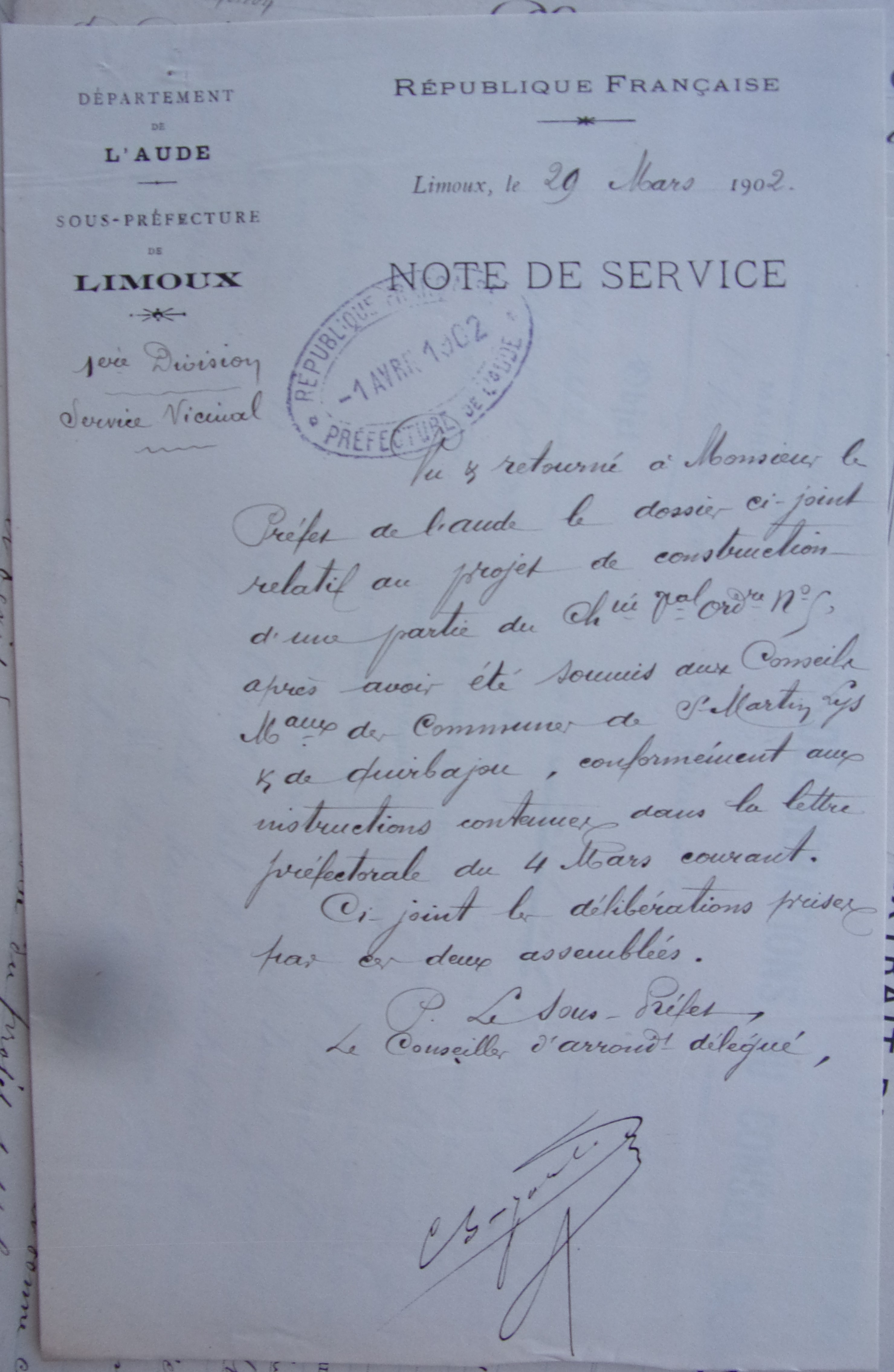 19020329 note de service sous-préfet Chemin vicinal 5 Quirbajou Axat p1 100_9378