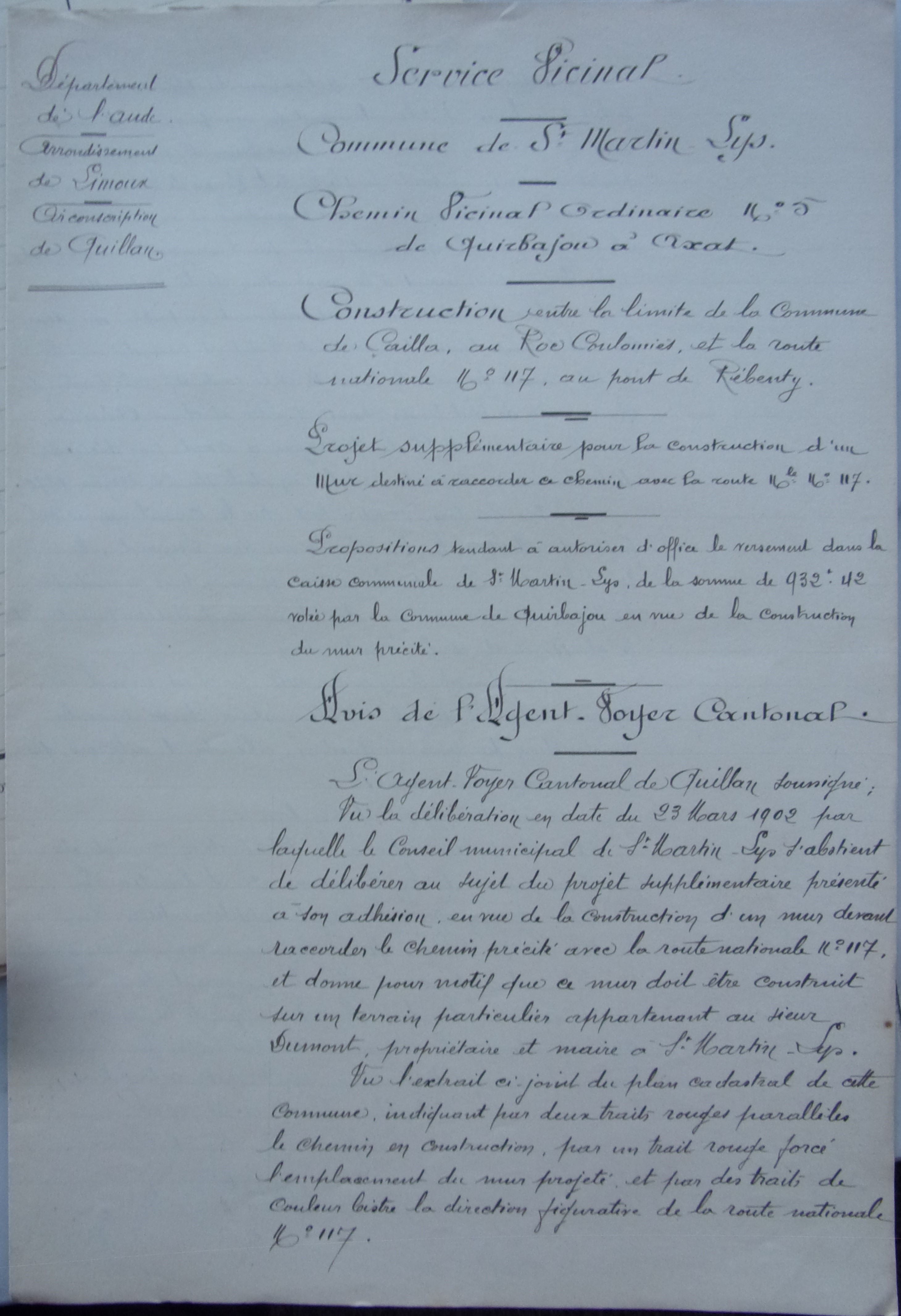 19020415 Avis de l'agenvoyer cantonal  Chemin vicinal 5 Quirbajou Axat p1 100_9388