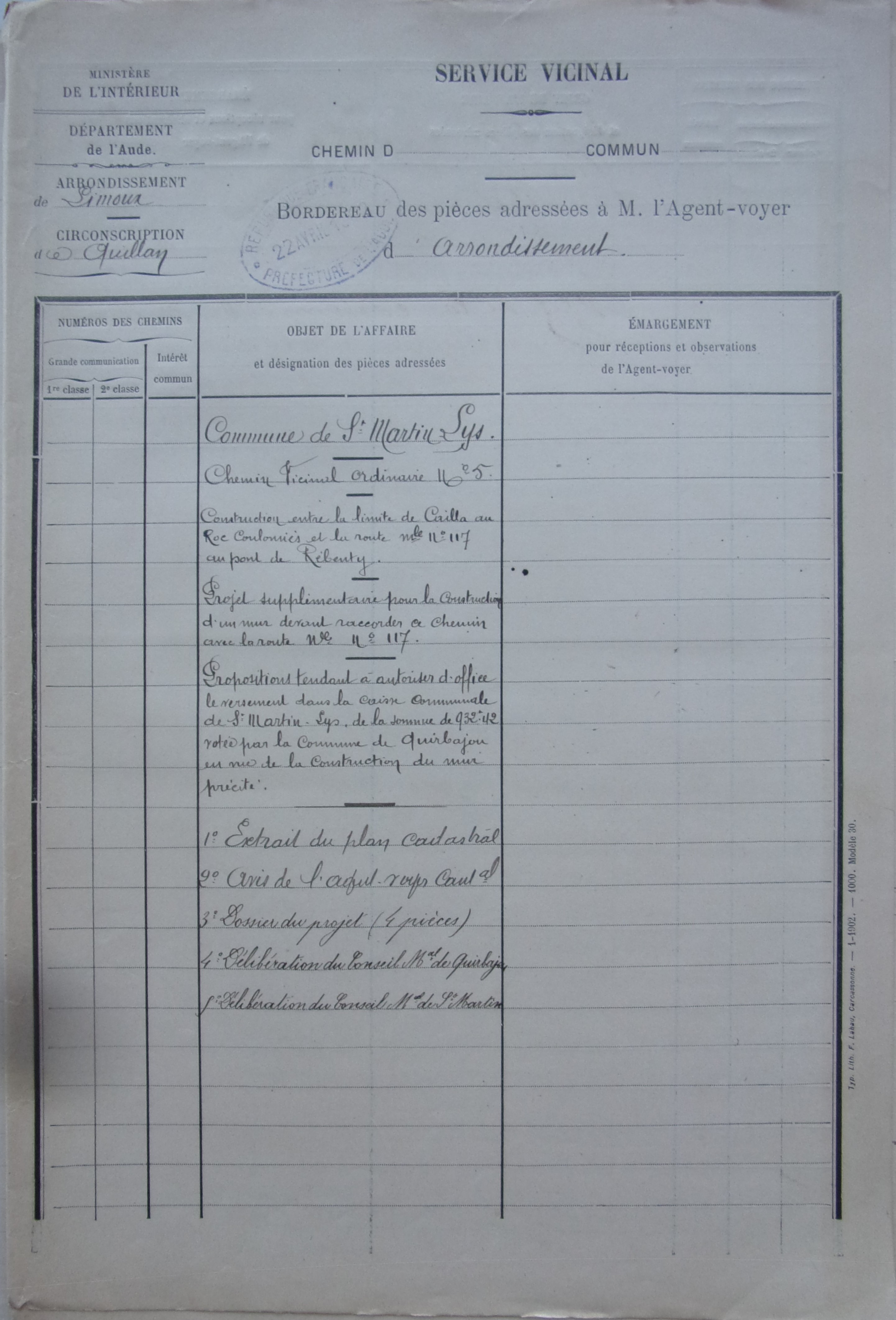19020415 bordereau des pièces adressées à l'agent voyer Chemin vicinal 5 Quirbajou Axat p1 100_9374