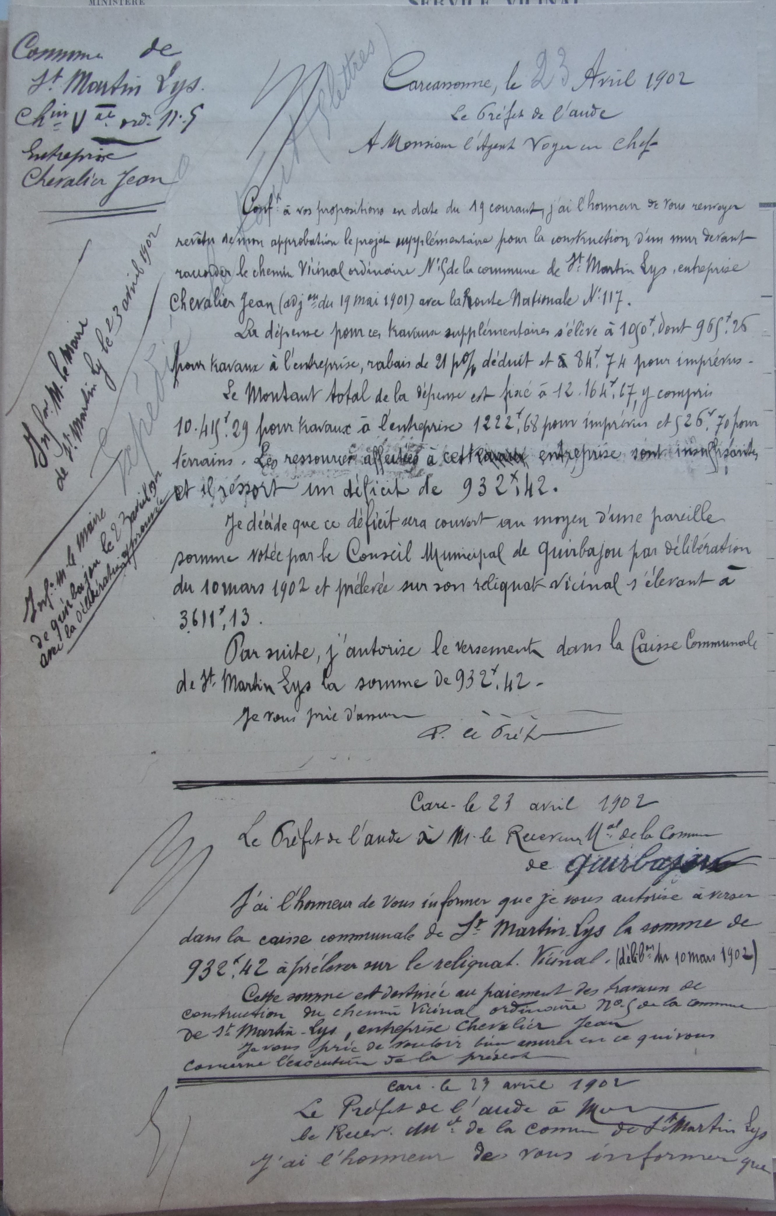 19020423 Préfet à Agent voyer en chef Chemin vicinal 5 quirbajou Axat p1 100_9372