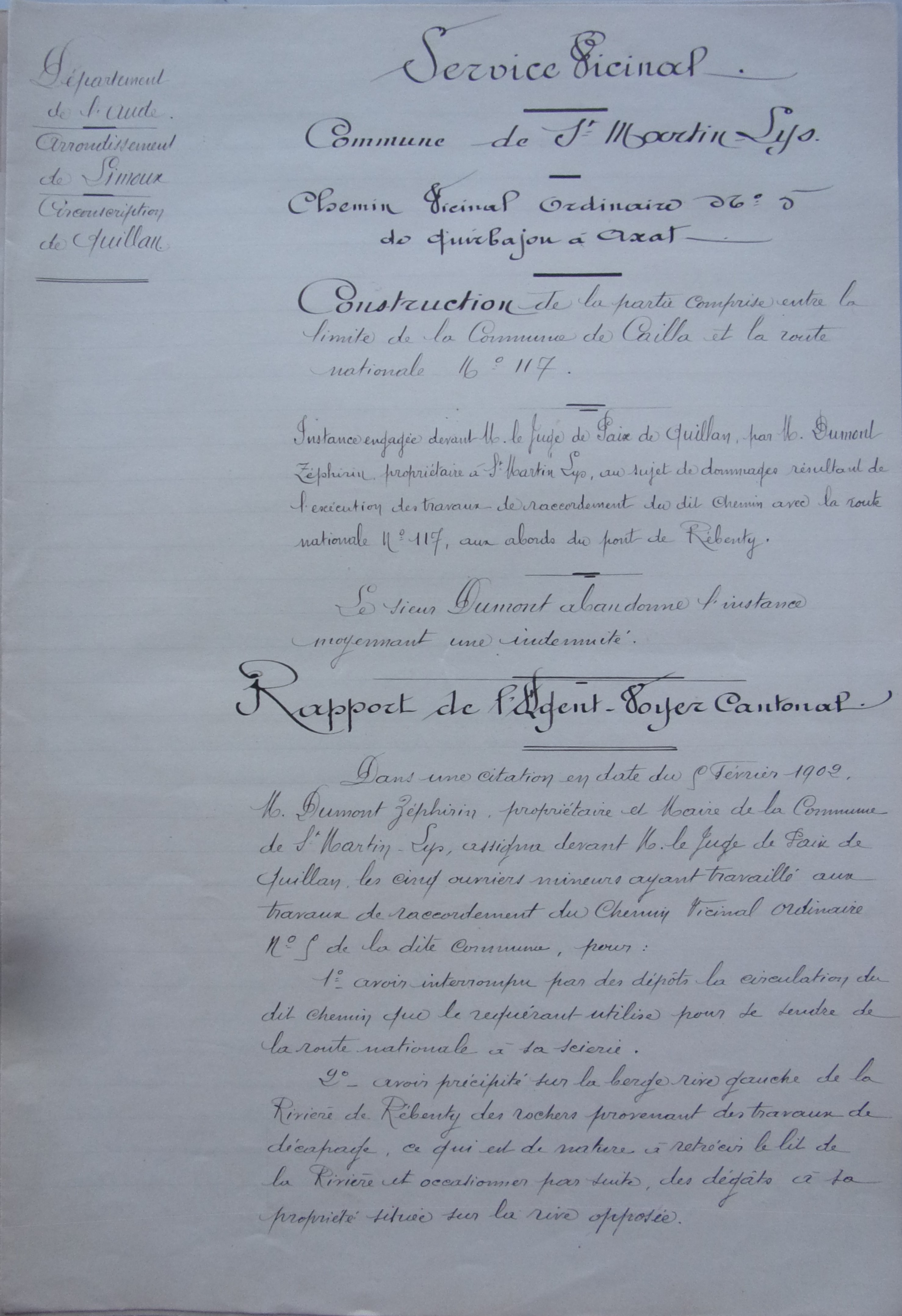 19020725 Rapport agent voyer cantonal Construction chemin vicinal 5 quirbajou axat P1 100_9353