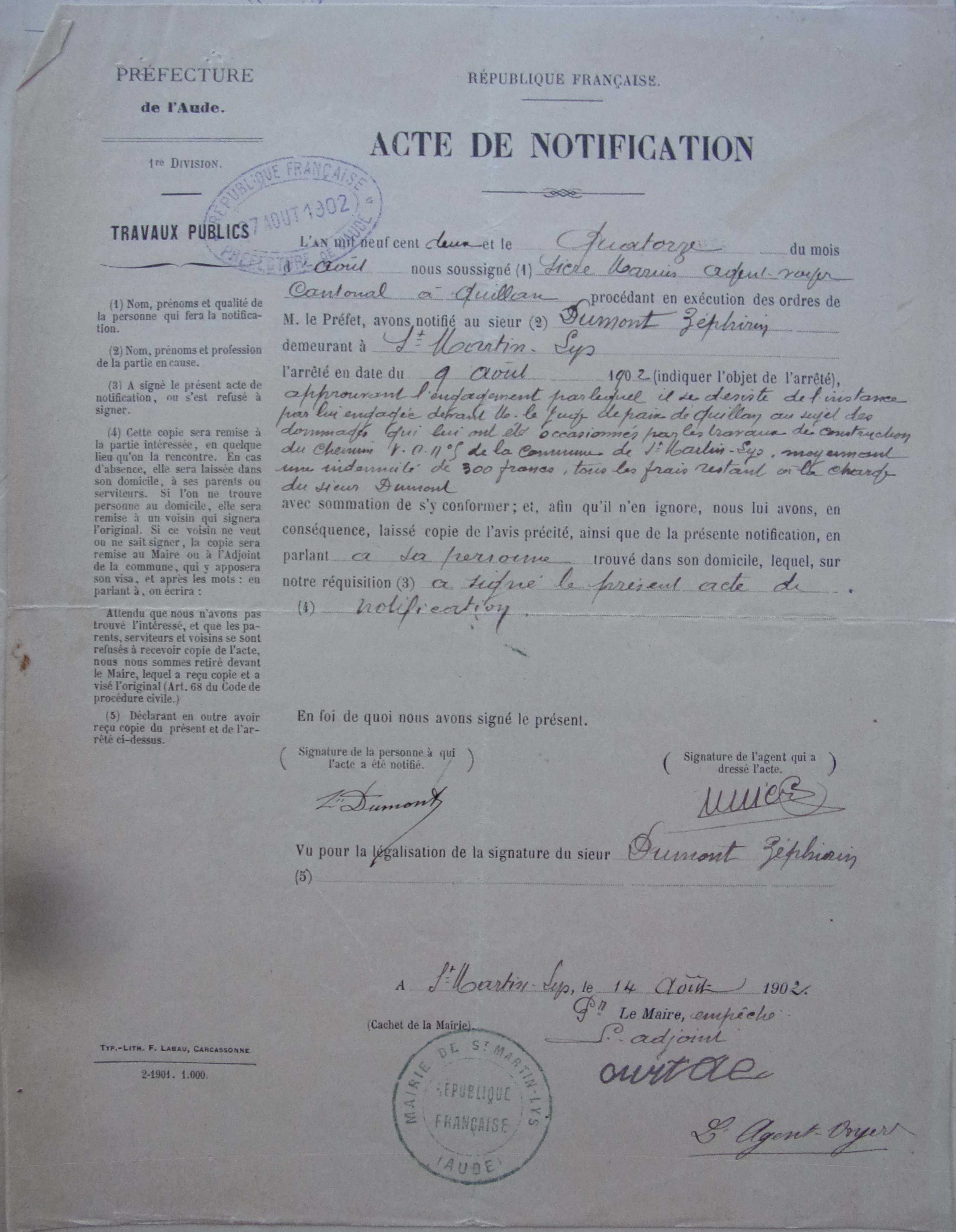 19020814 Acte de notification Dommages causés par travaux sur chemin vicicnal 5 à Dumont P1 100_9349
