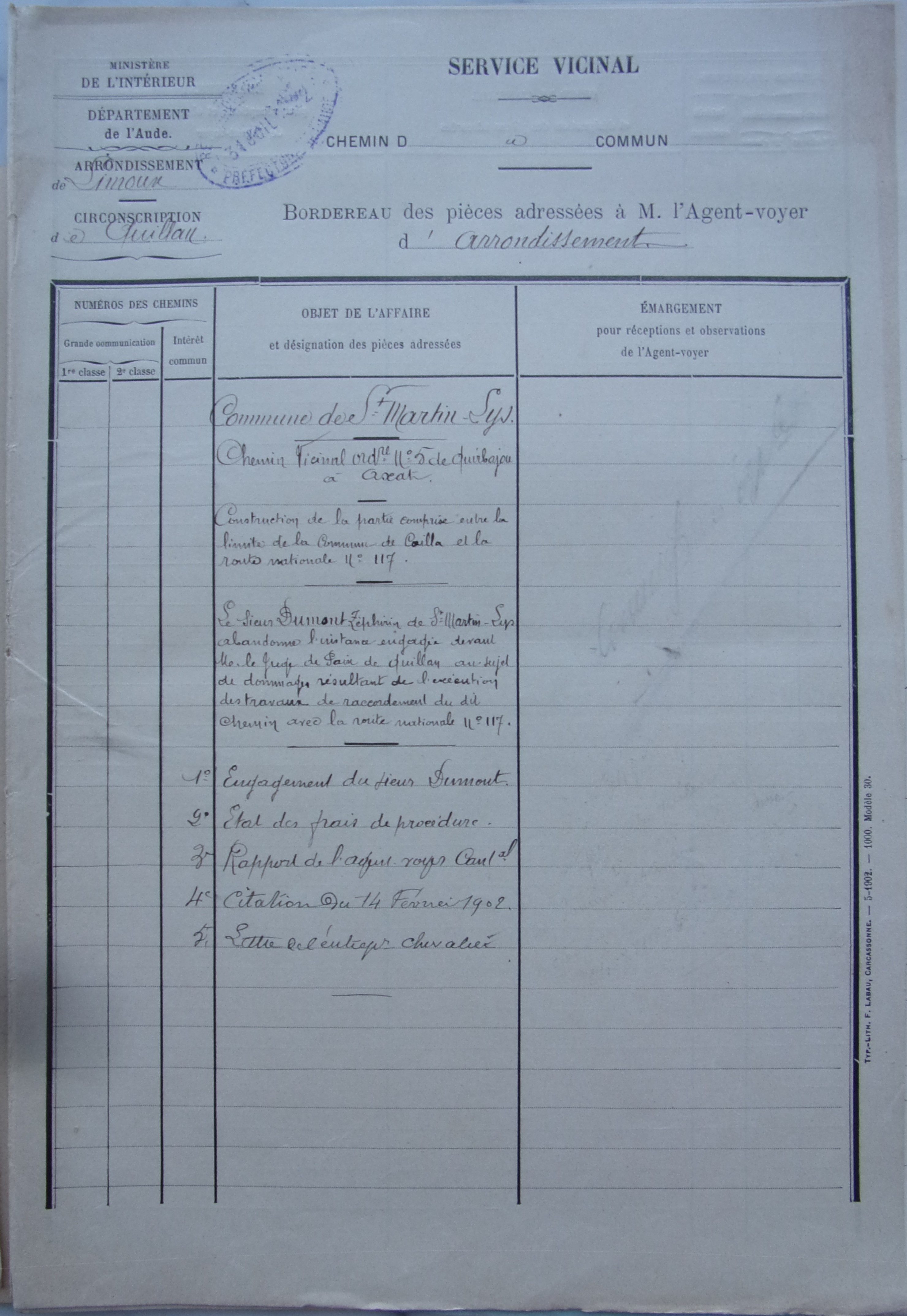 19020831 Bordereau de pièces Chemin vicinal 5 axat à quirbajou P1 100_9352