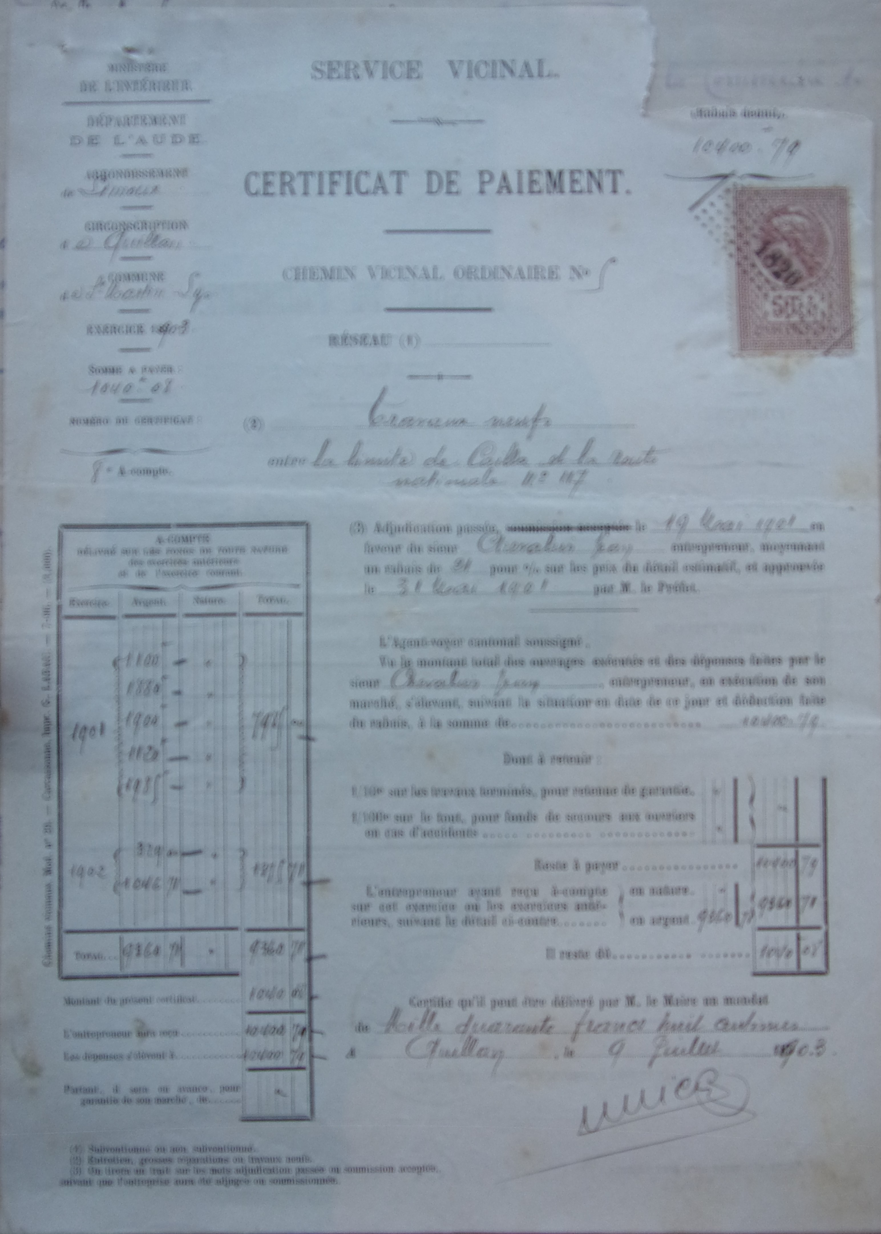 19030709 Certificat de paiement chemin vicinal nø5 travaux neuf entre la limite de Cailla et la route nationale nø 117 100_4942