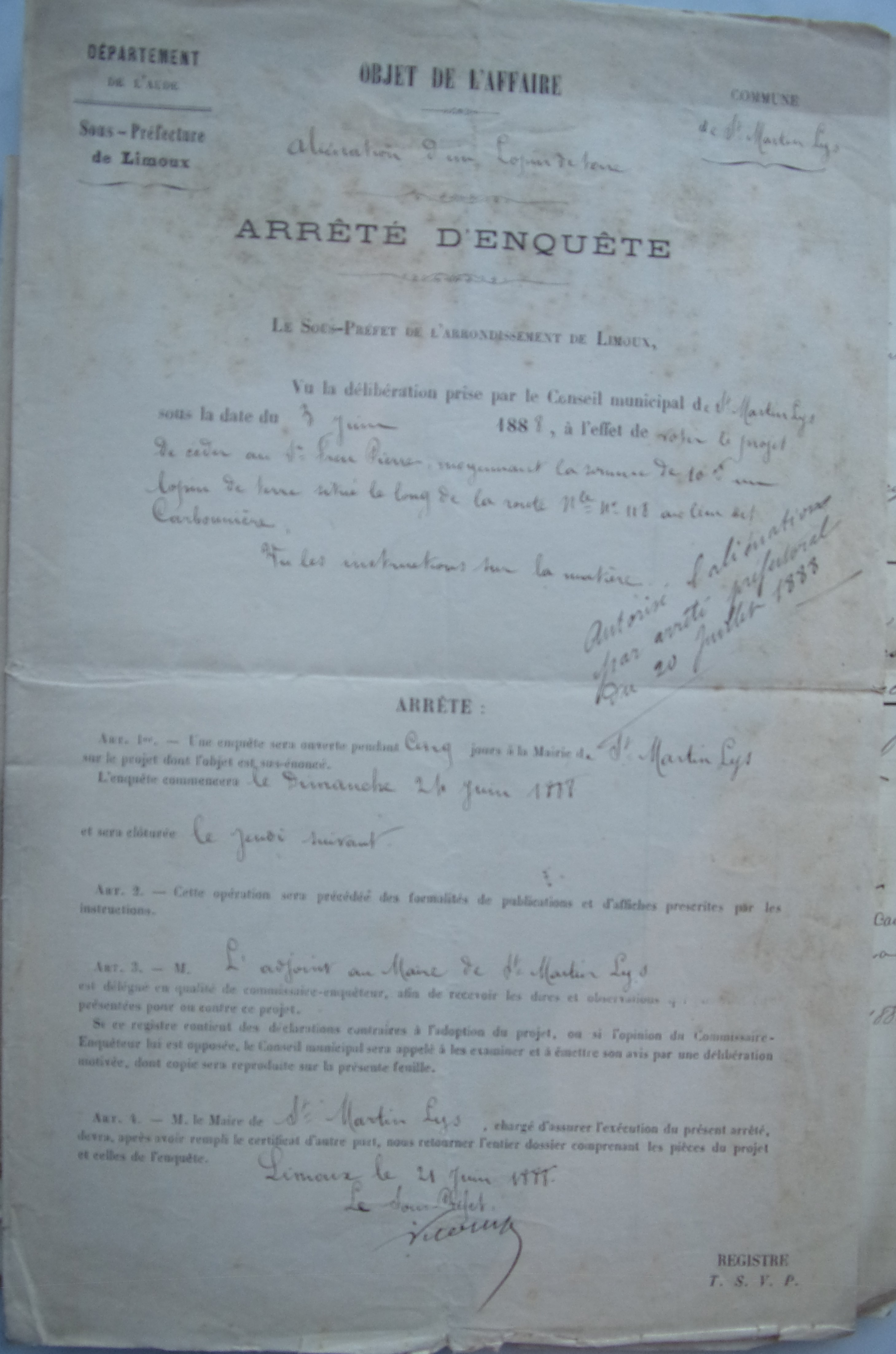 2 septembre 1908 - 21 juin 1888 - Arrêté d'enquête sur l'Aliénation du lopin de terre au profit de Freu Pierre p1