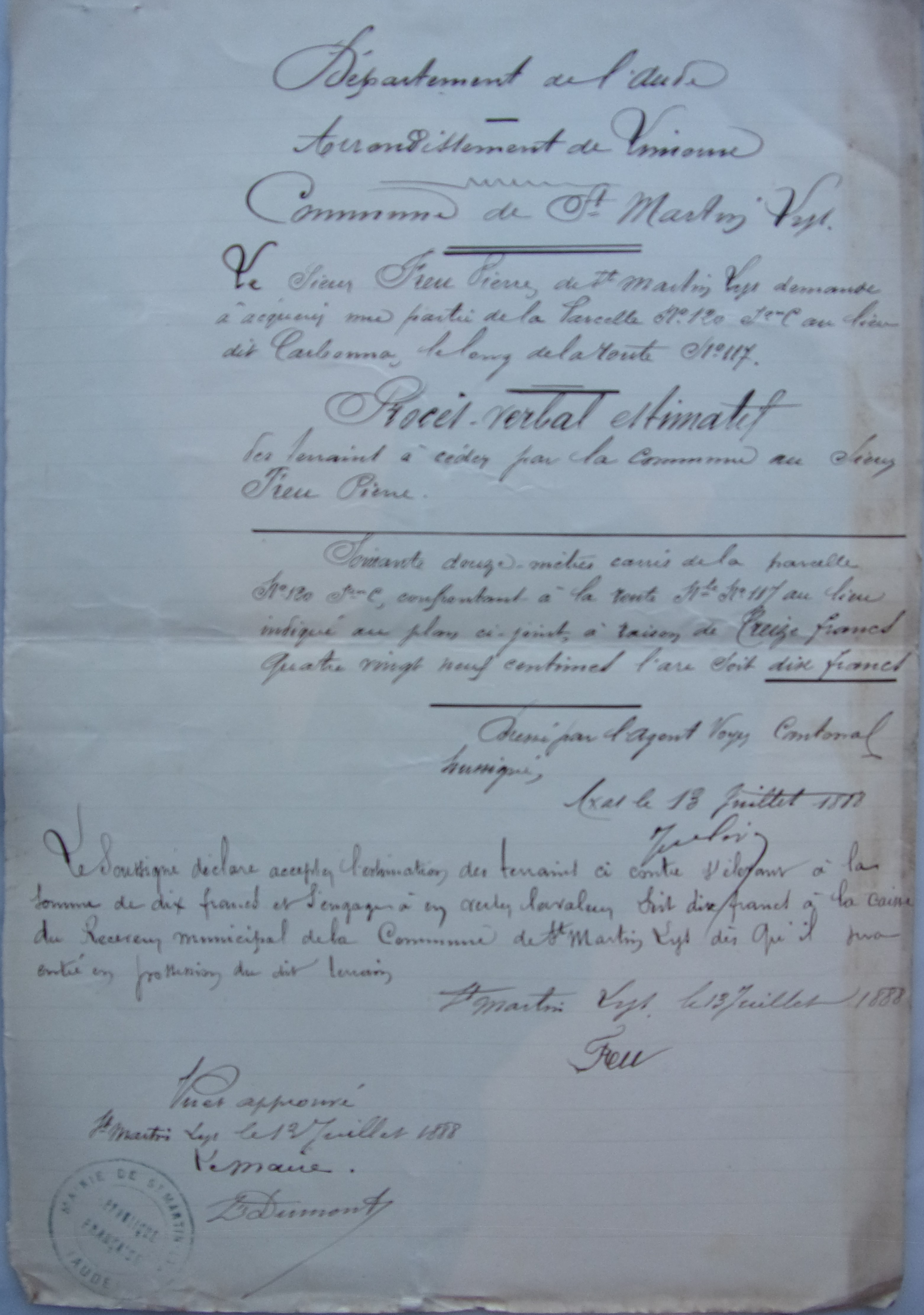 1 avril 1924 - Procès verbal estimatif Aliénation d'un lopin de terre au profit de Freu pierre