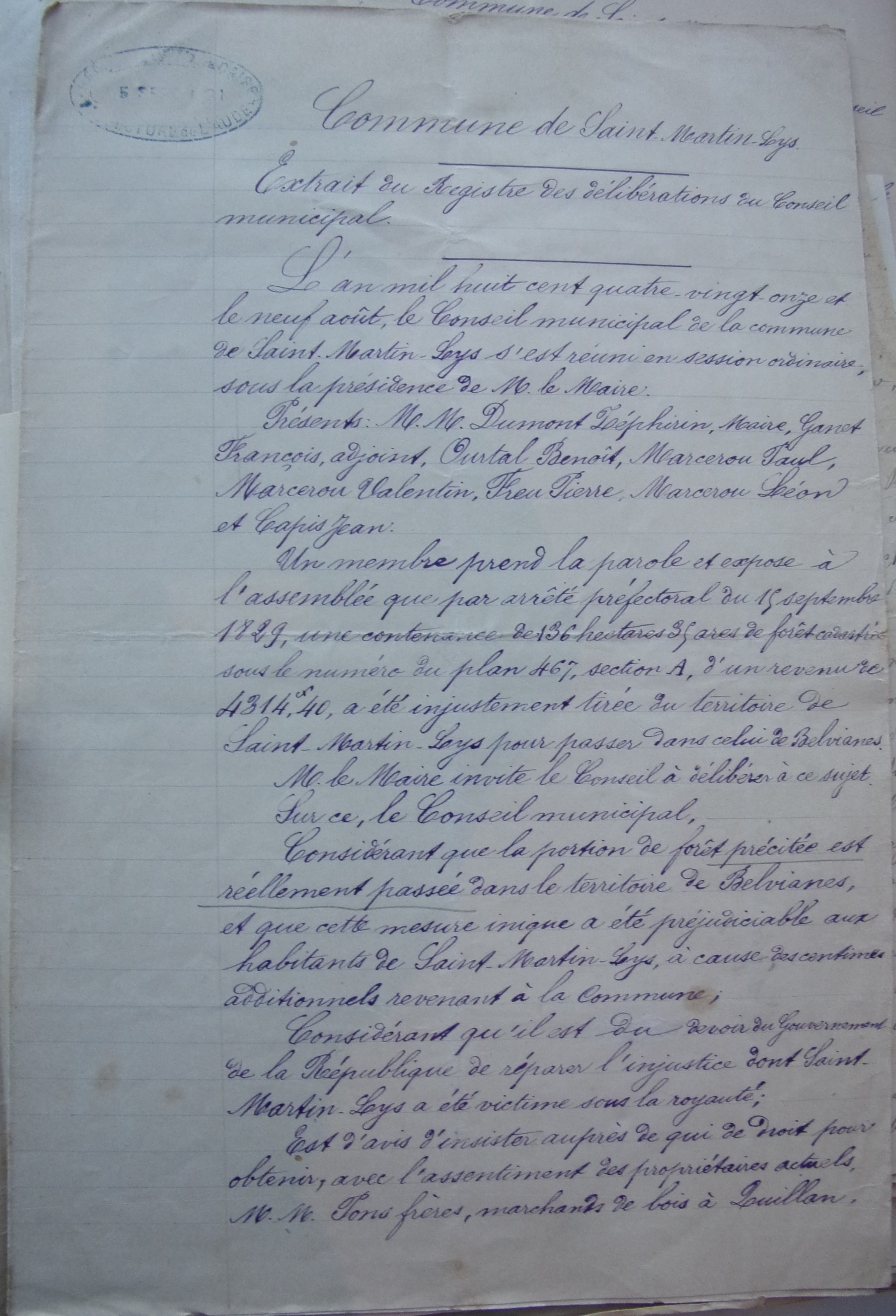 09 août 1891 - Délibération du conseil municipal - Forêt iniquement soustraite au territoire de Saint Martin p1 v1