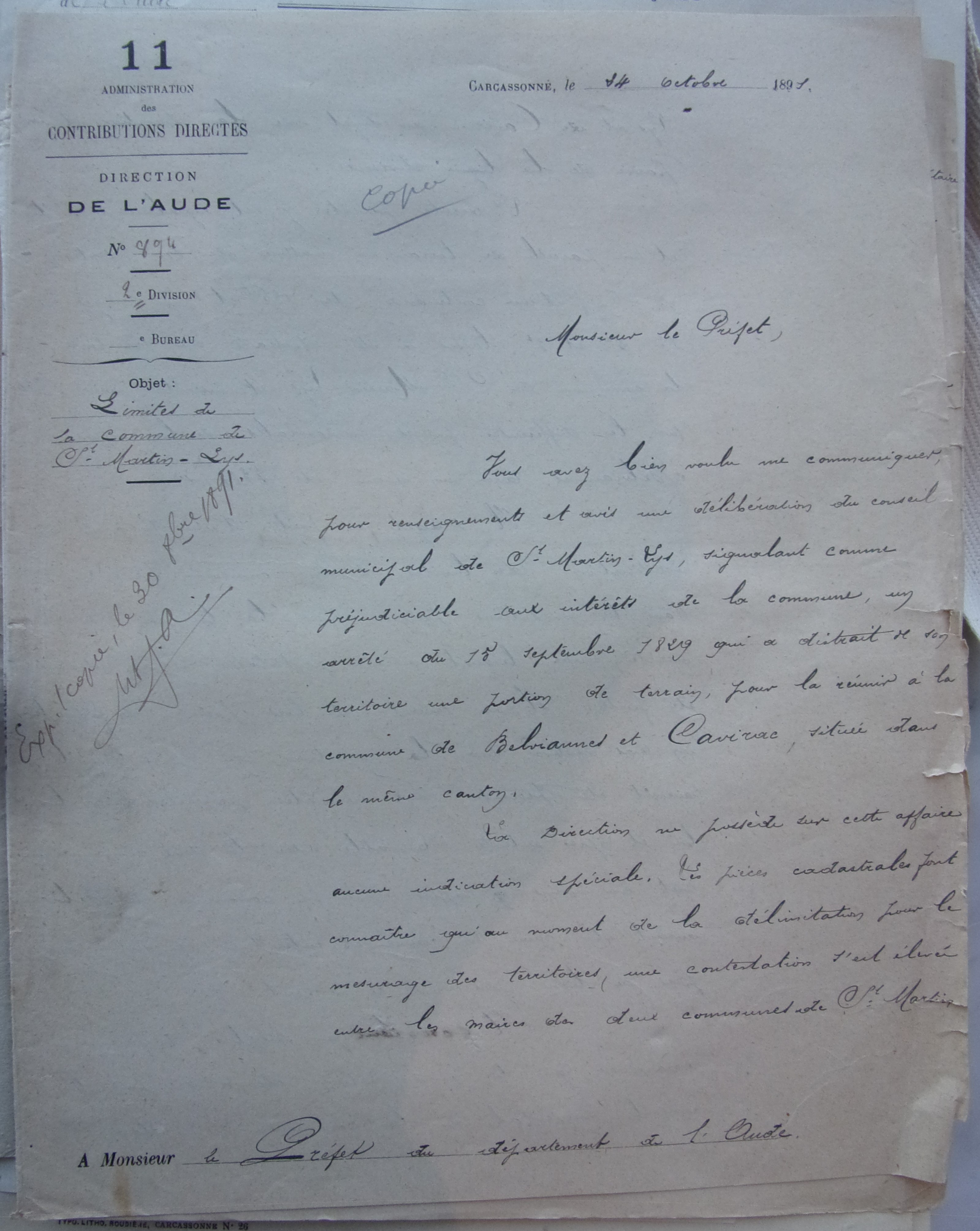 24 octobre 1891 - Avis du sous-préfet transmis au préfet au sujet de la forêt iniquement soustraite au territoire de Saint Martin p1