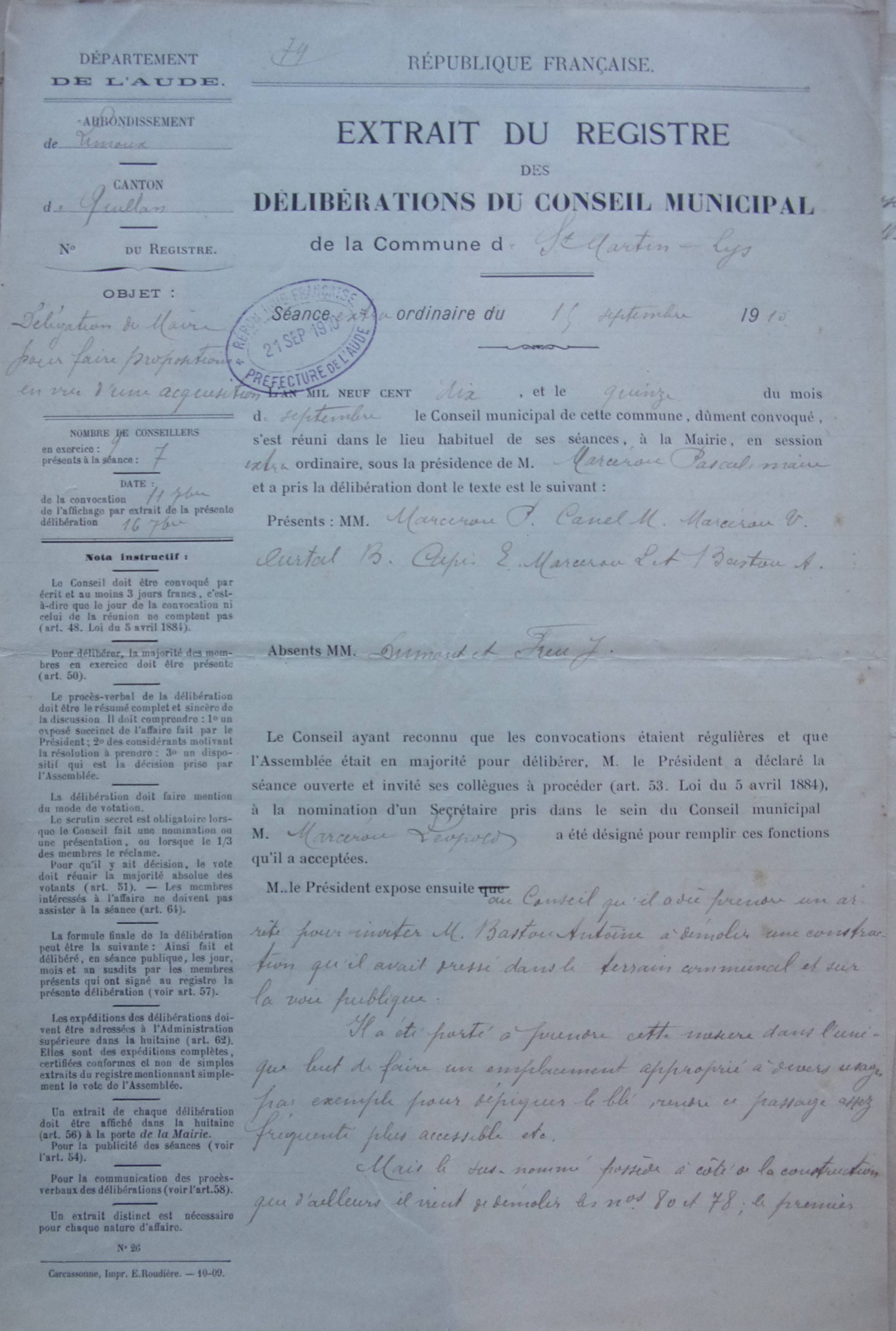 15 septembre 1910 - Délibération du conseil municipal - Délégation donnée au Maire pour proposer l'acquisition de terrains d'Antoine Bastou p1 