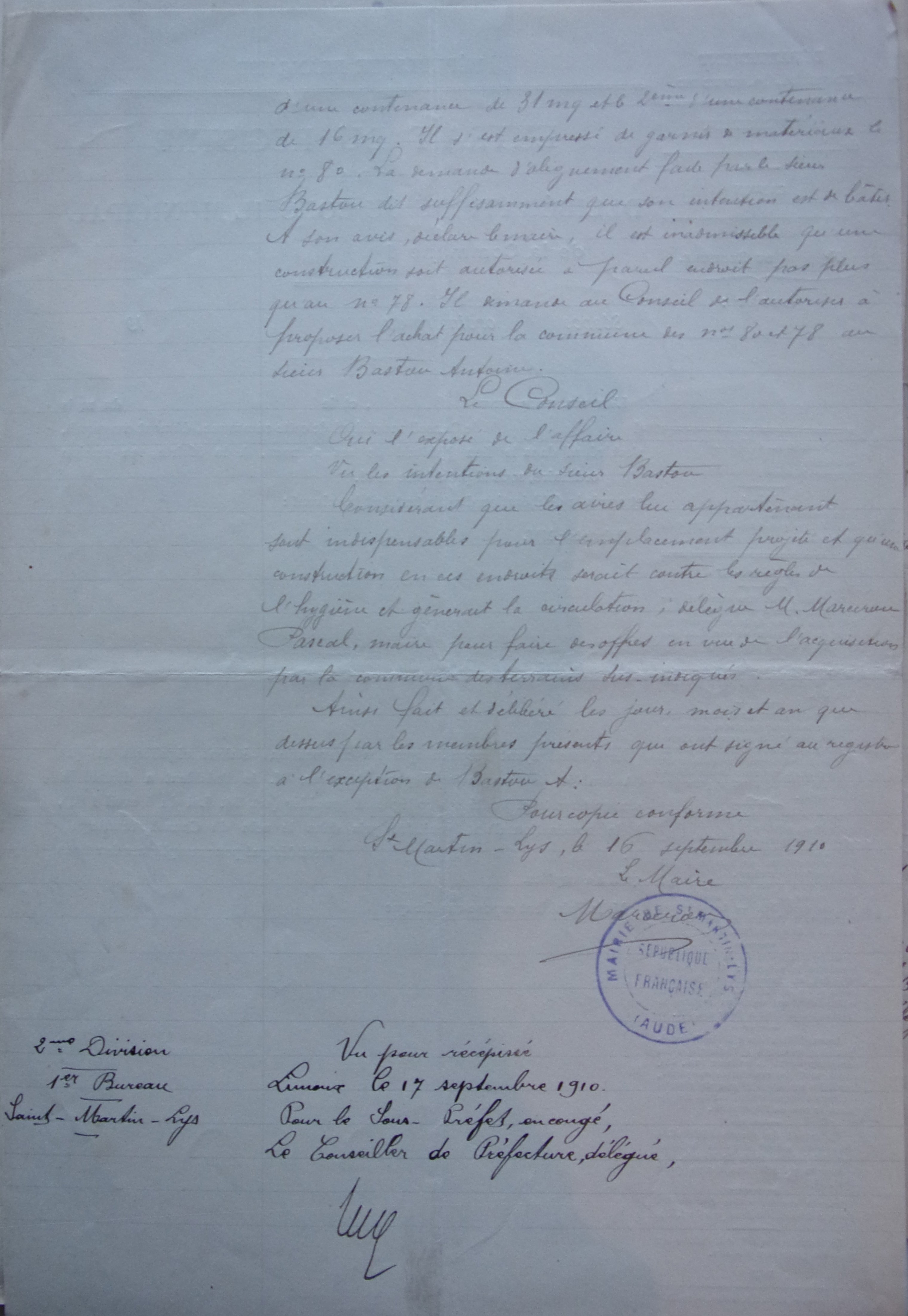 15 septembre 1910 - Délibération du conseil municipal - Délégation donnée au Maire pour proposer l'acquisition de terrains d'Antoine Bastou p2 