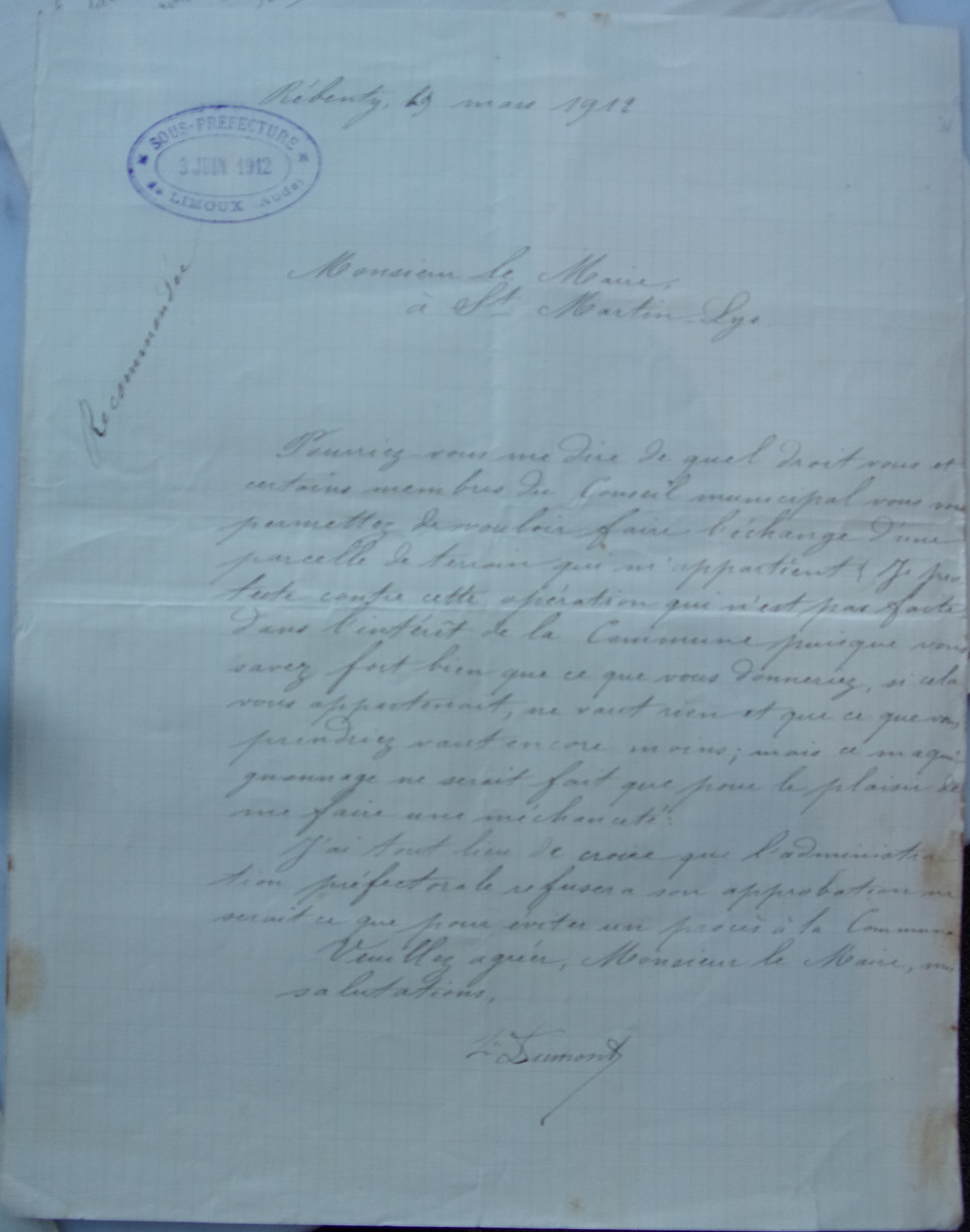 09 mars 1912 - Courrier recommandé de Zéphirin Dumont au maire pour protester contre l'échange de terrain avec Elisa Denjean