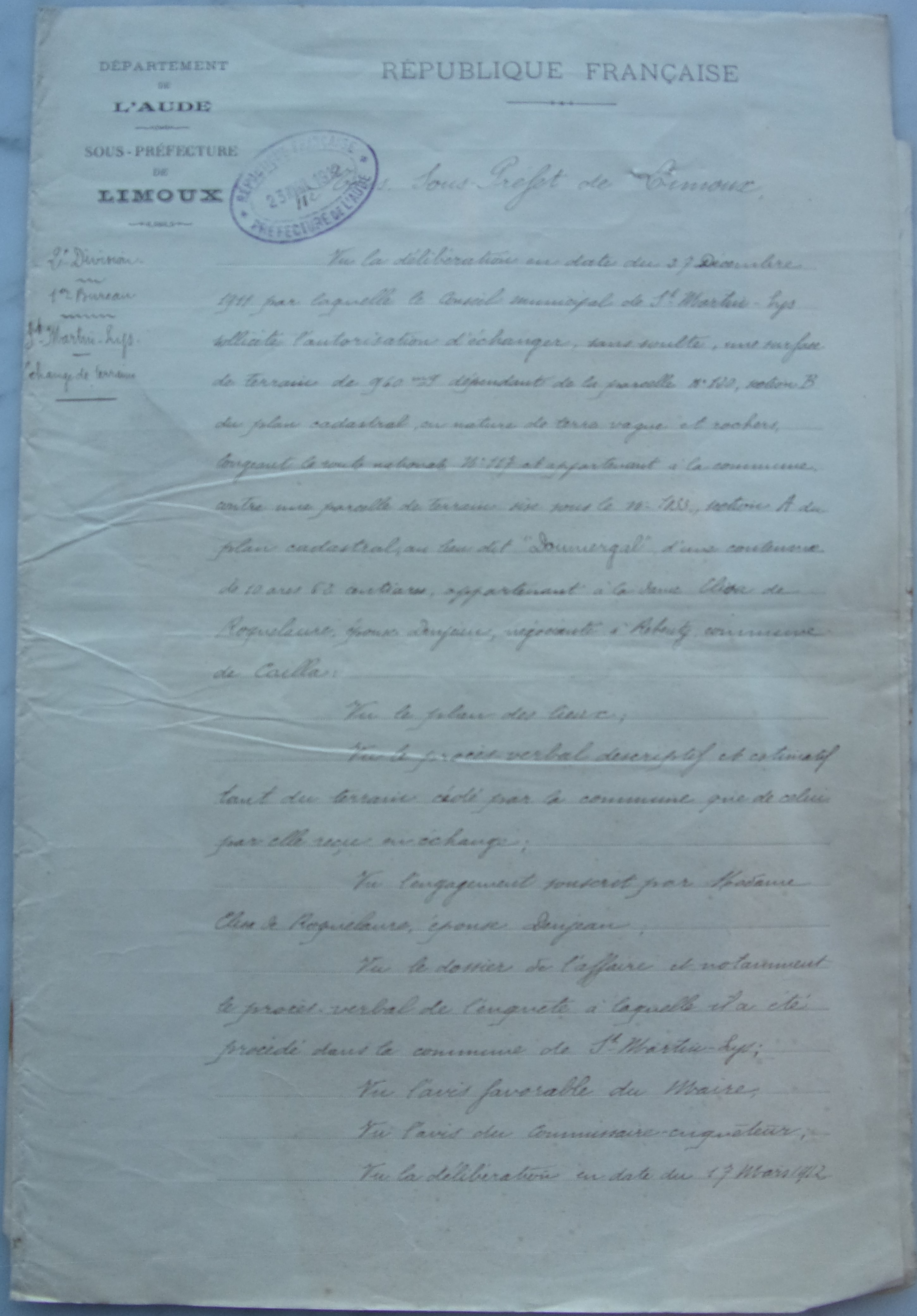 22 avril 1912 - Arrété du Sous-préfet donnant un avis favorable à l'échange de terrain avec Elisa Denjean p1