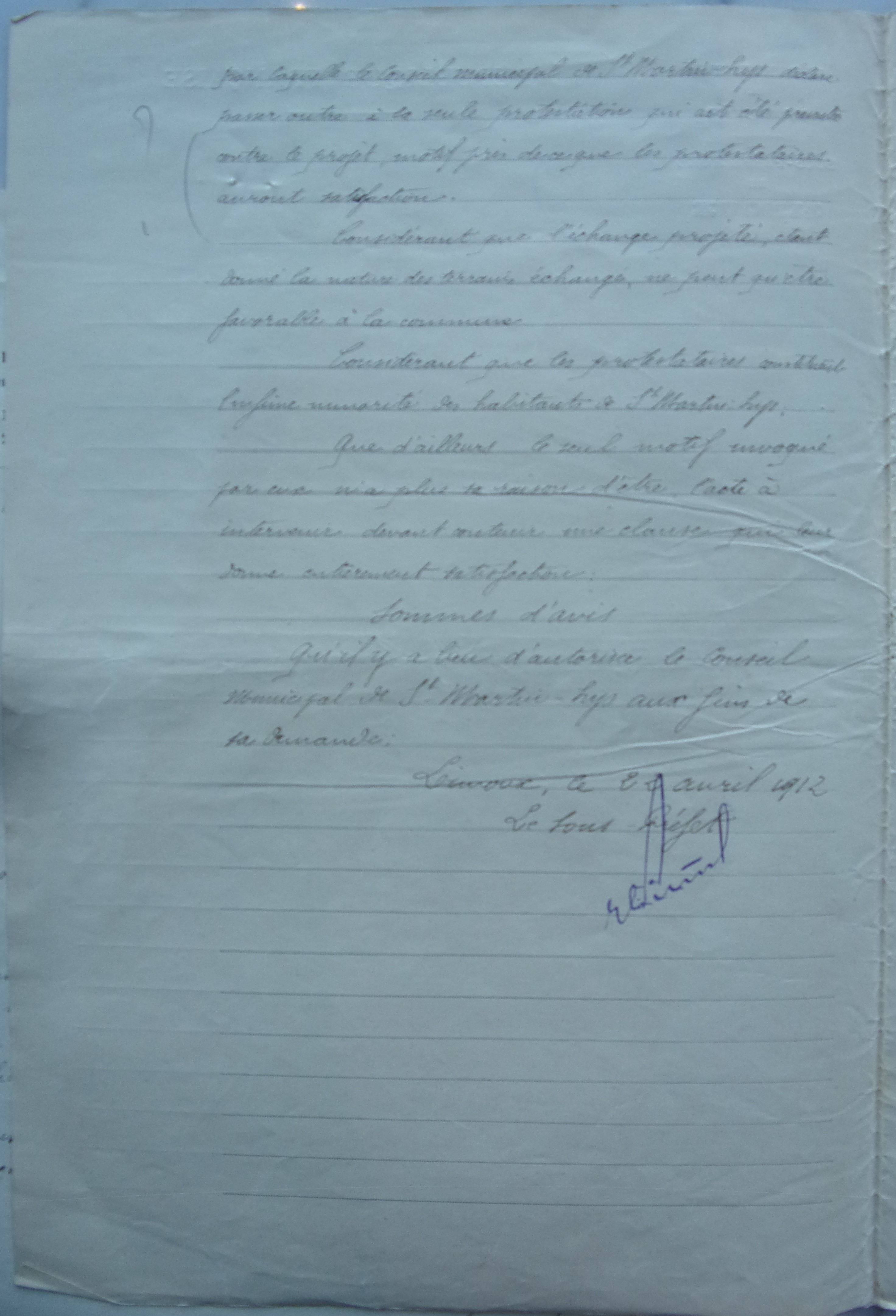 22 avril 1912 - Arrété du Sous-préfet donnant un avis favorable à l'échange de terrain avec Elisa Denjean p2