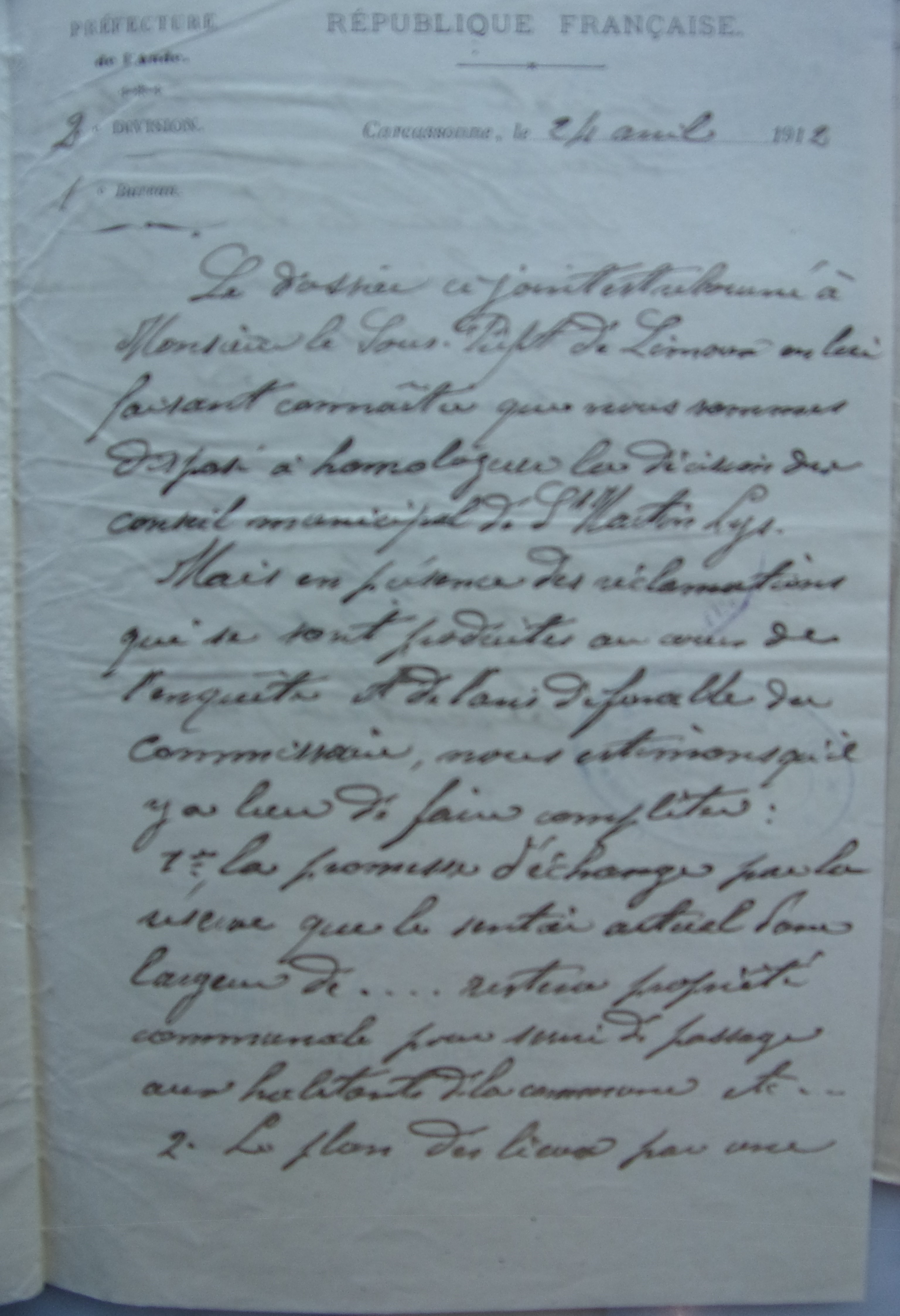 24 avril 1912 - courrier du préfet au sous-préfet donnant ses directives sur l'échange de terrain avec Elisa Denjean p1