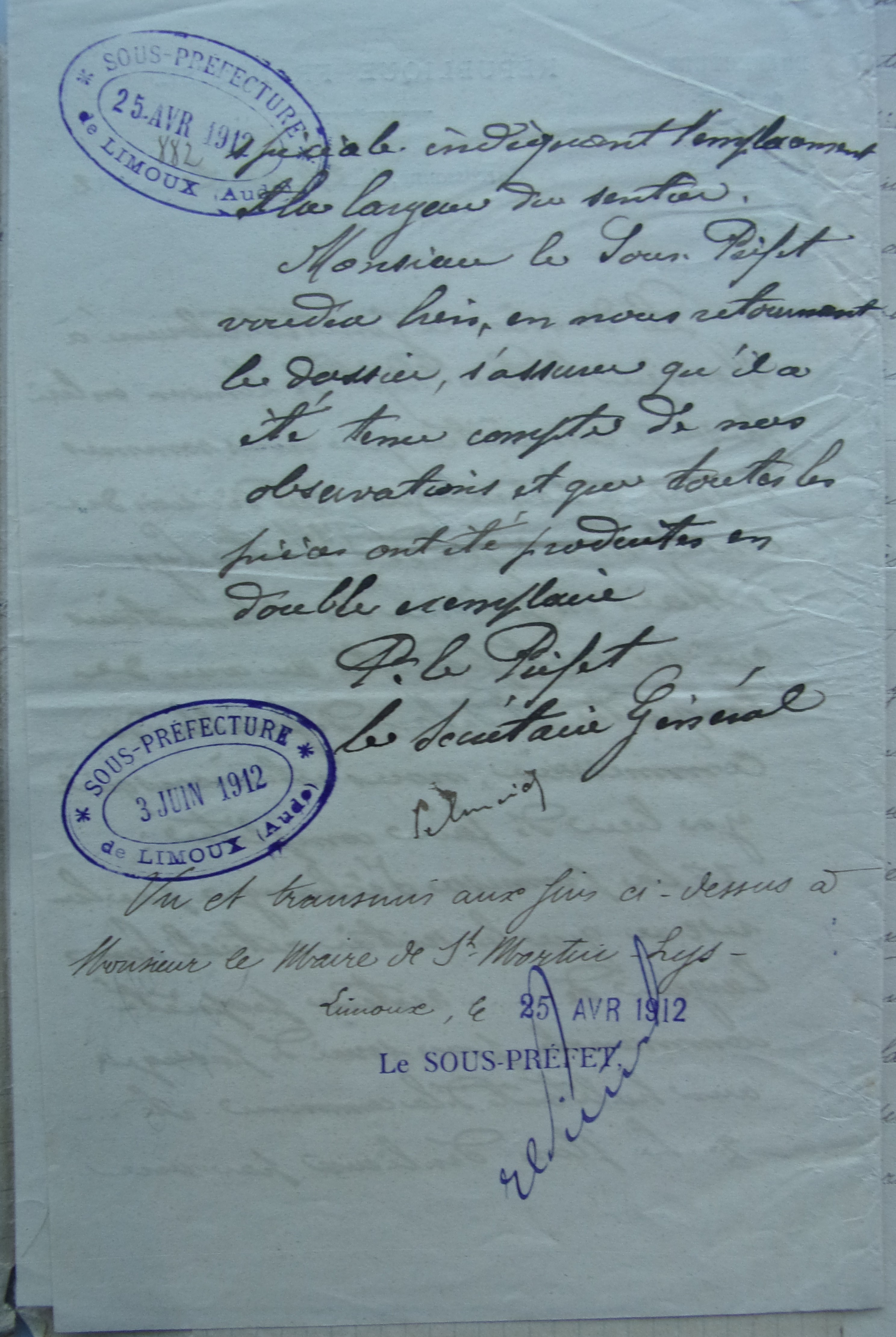 24 avril 1912 - courrier du préfet au sous-préfet donnant ses directives sur l'échange de terrain avec Elisa Denjean p2