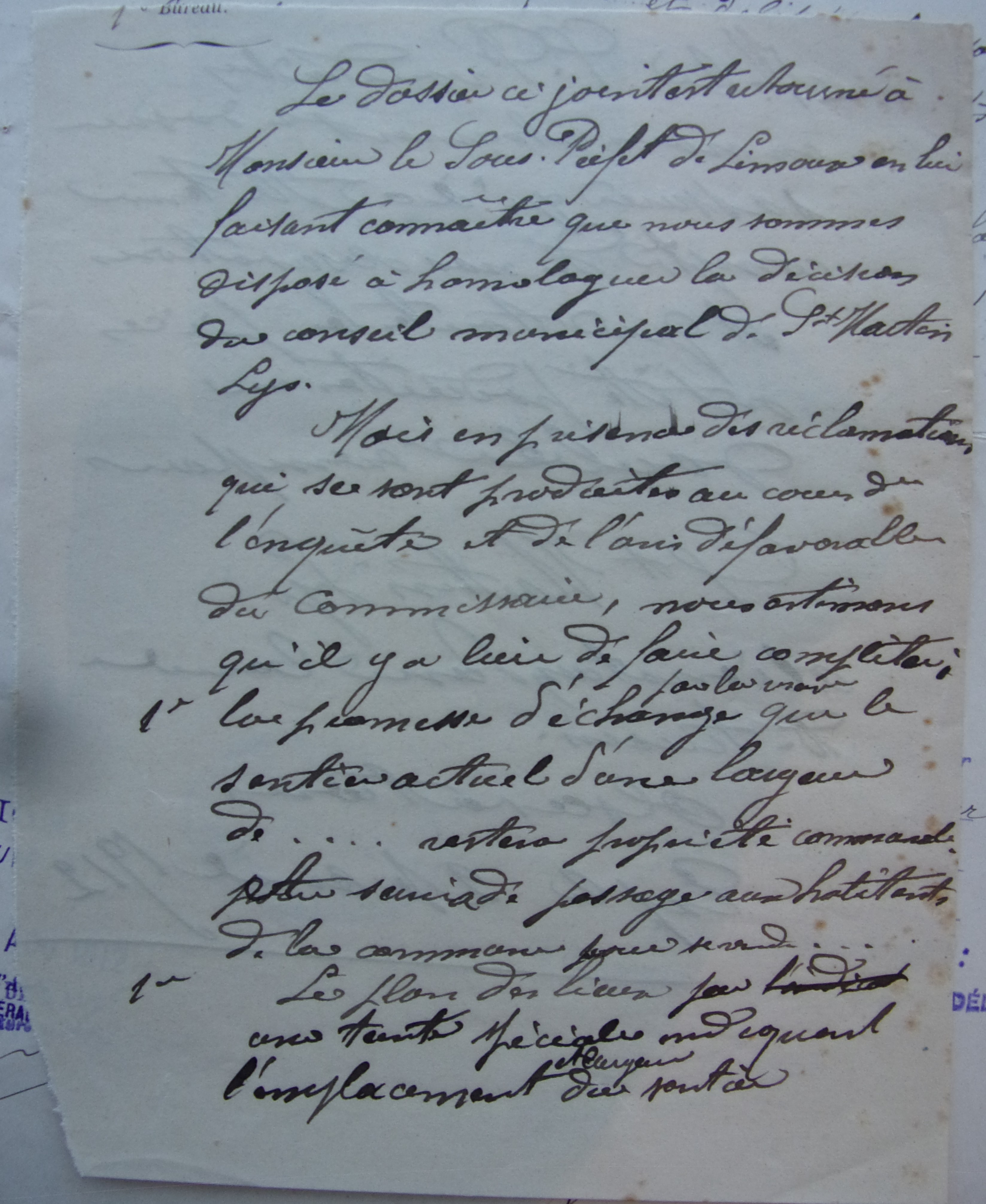 24 avril 1912 - courrier du préfet au sous-préfet donnant ses directives sur l'échange de terrain avec Elisa Denjean brouillon p1