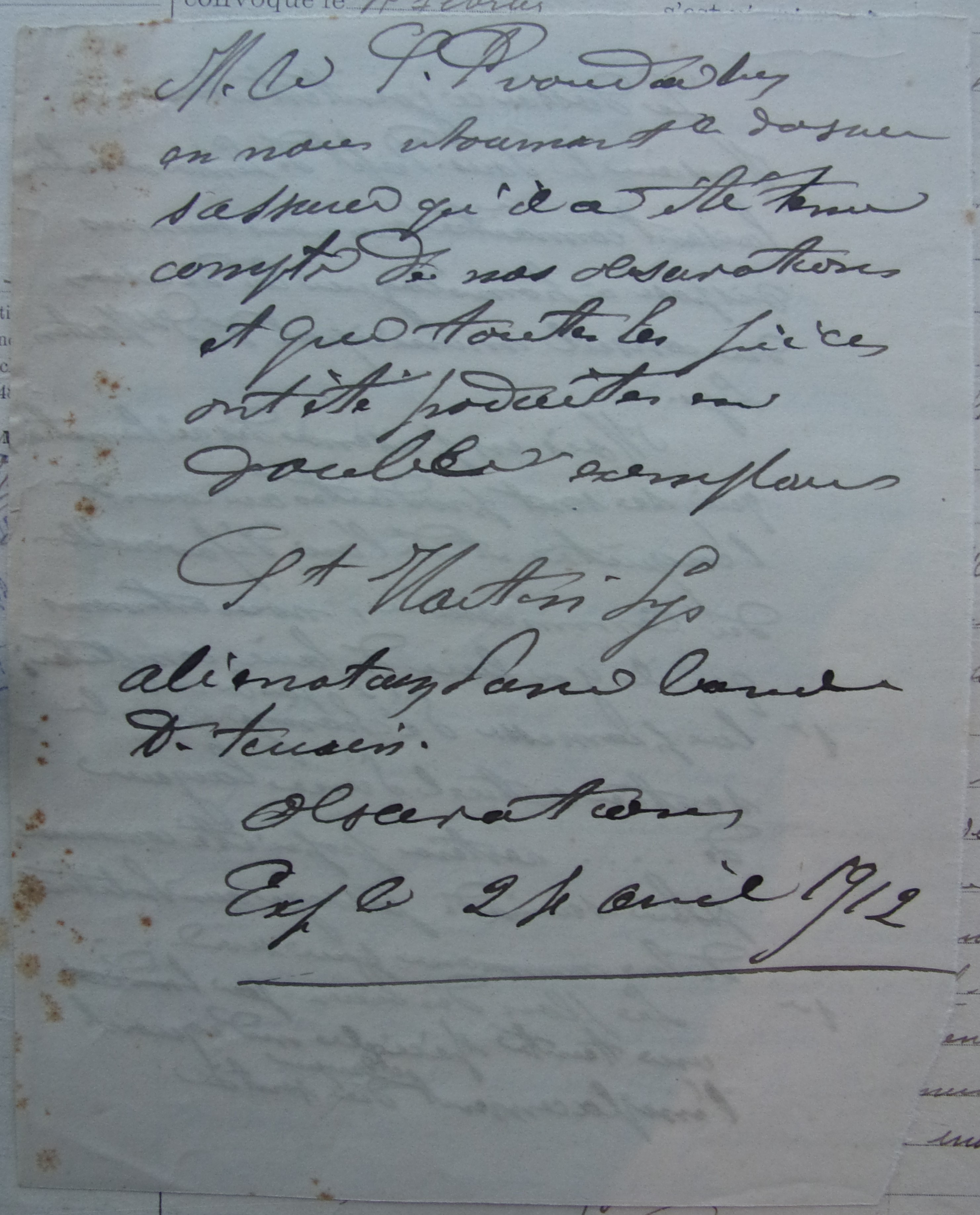 24 avril 1912 - courrier du préfet au sous-préfet donnant ses directives sur l'échange de terrain avec Elisa Denjean brouillon p1