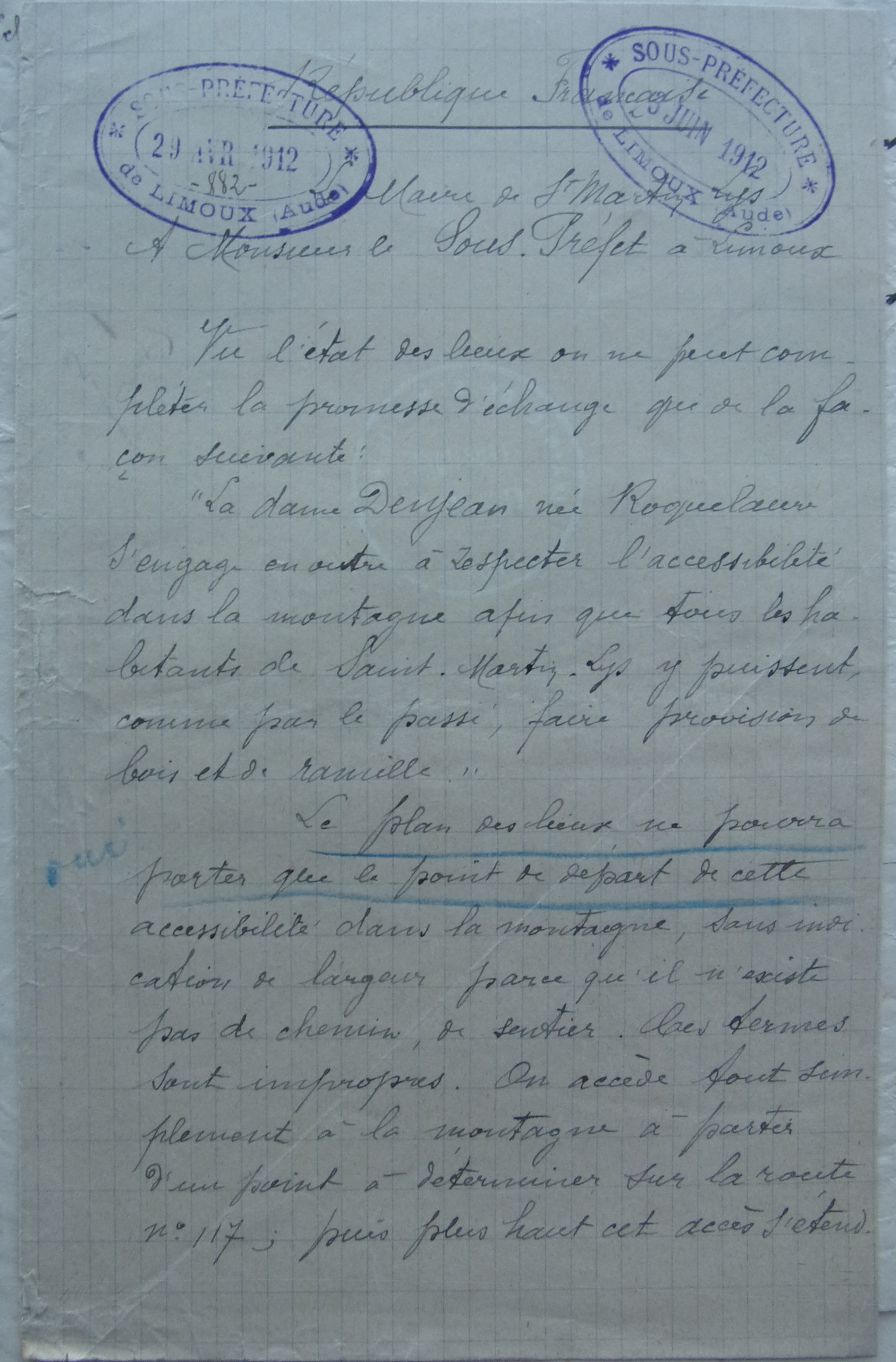 28 avril 1912 - Courrier du maire au sous-préfet sur l'échange de terrains avec Elisa Denjean p1