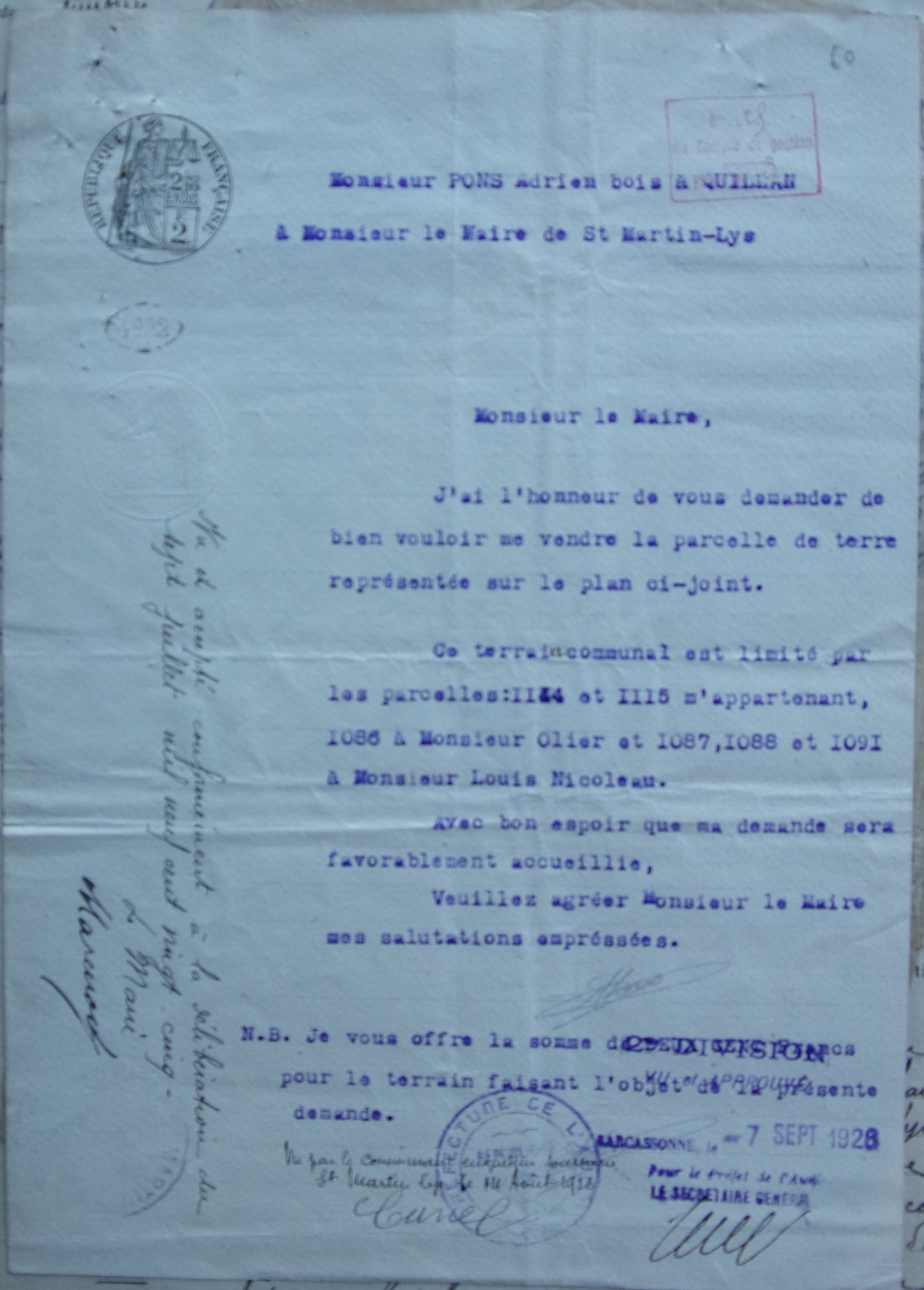 11 avril 1925 - Courrier d'Adrien Pons au Maire demande achat terrain communal v2