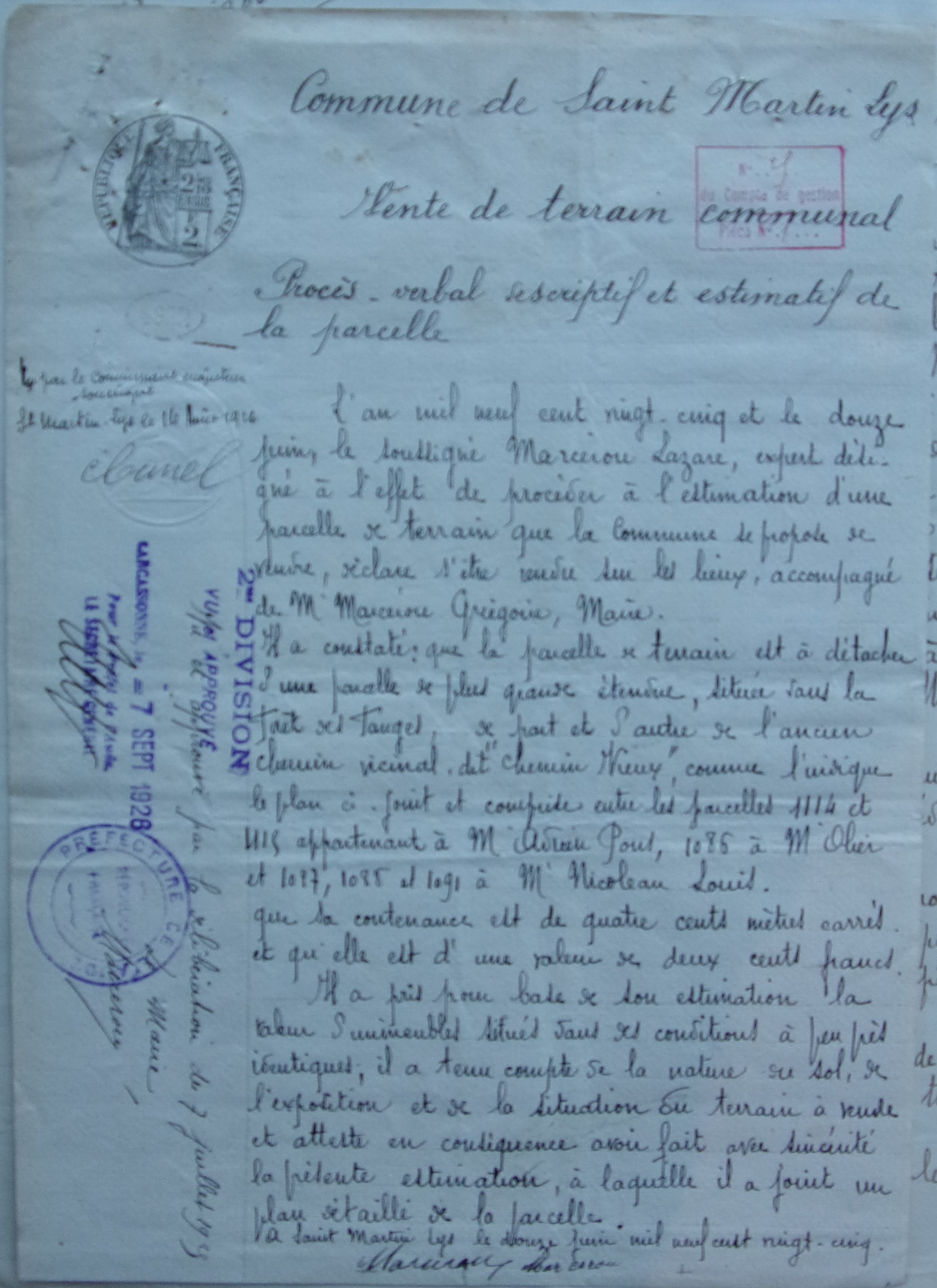 12 juin 1925 - Procès verbal descriptif et estimatif de la parcelle de terrain communal à vendre v1