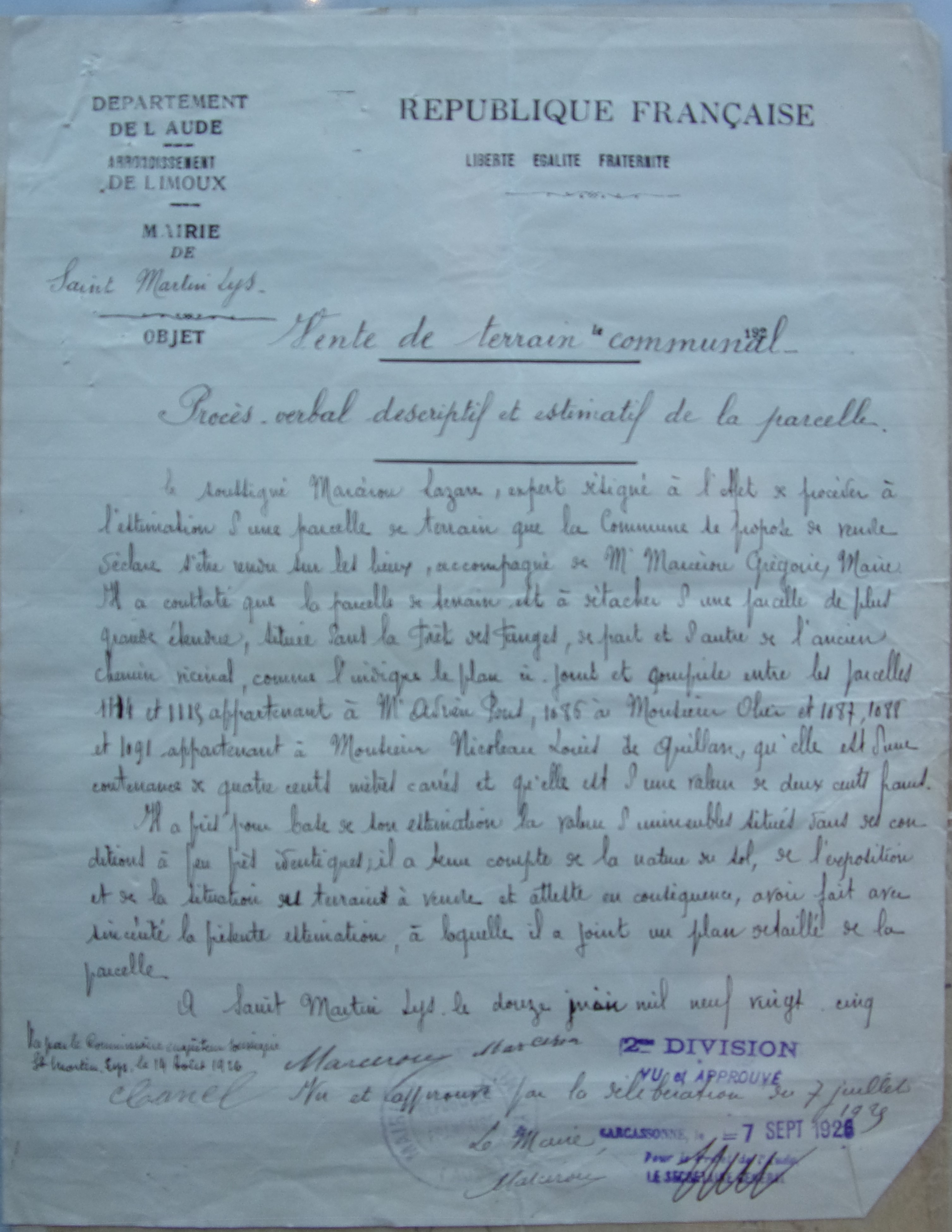 12 juin 1925 - Procès verbal descriptif et estimatif de la parcelle de terrain communal à vendre v2